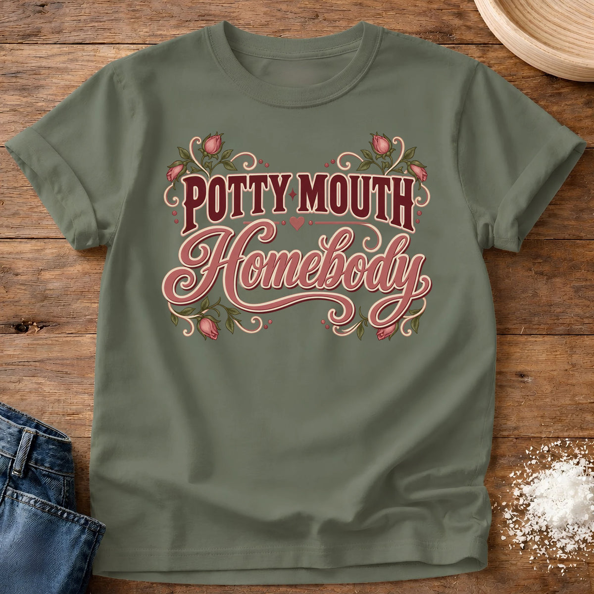 Knead More Fun Potty Mouth Homebody t-shirt in Moss