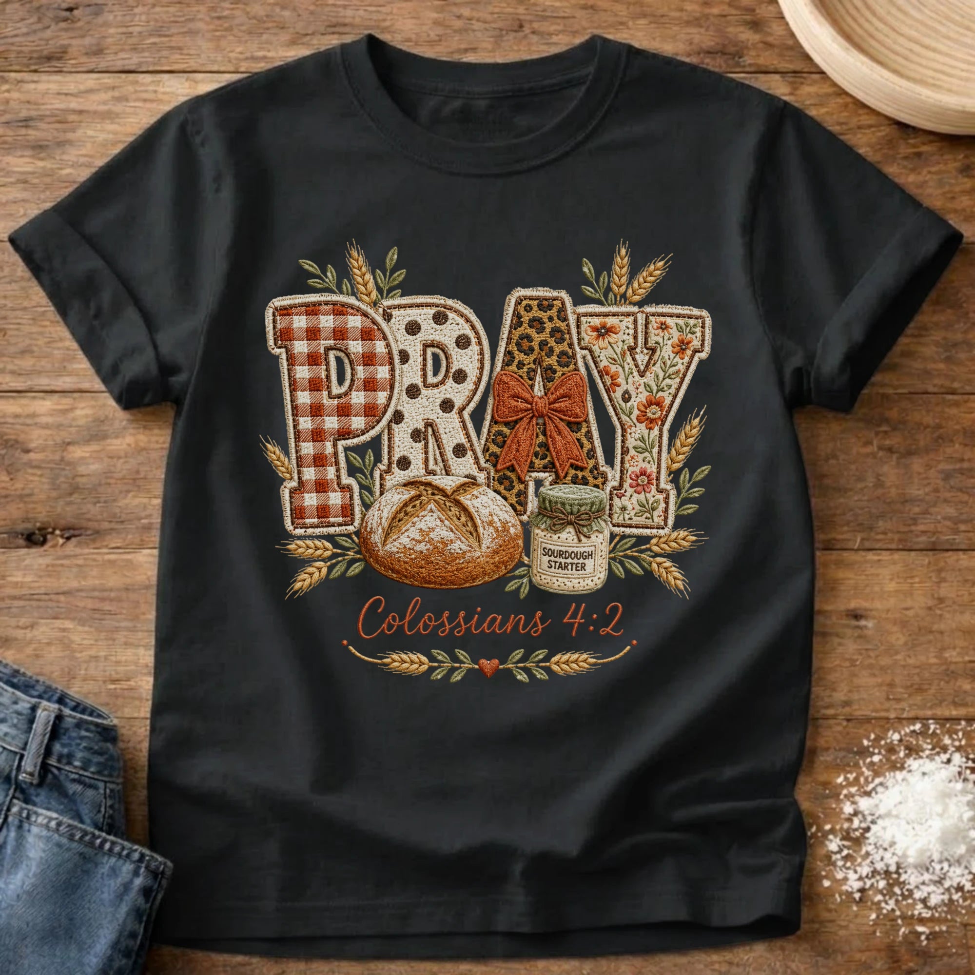 Knead More Fun Pray Faux Embroidery sourdough t-shirt in Black