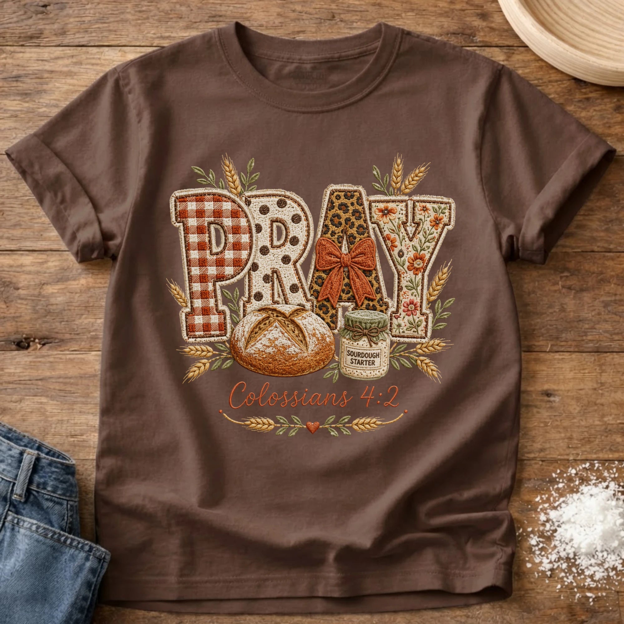 Knead More Fun Pray Faux Embroidery sourdough t-shirt in Espresso