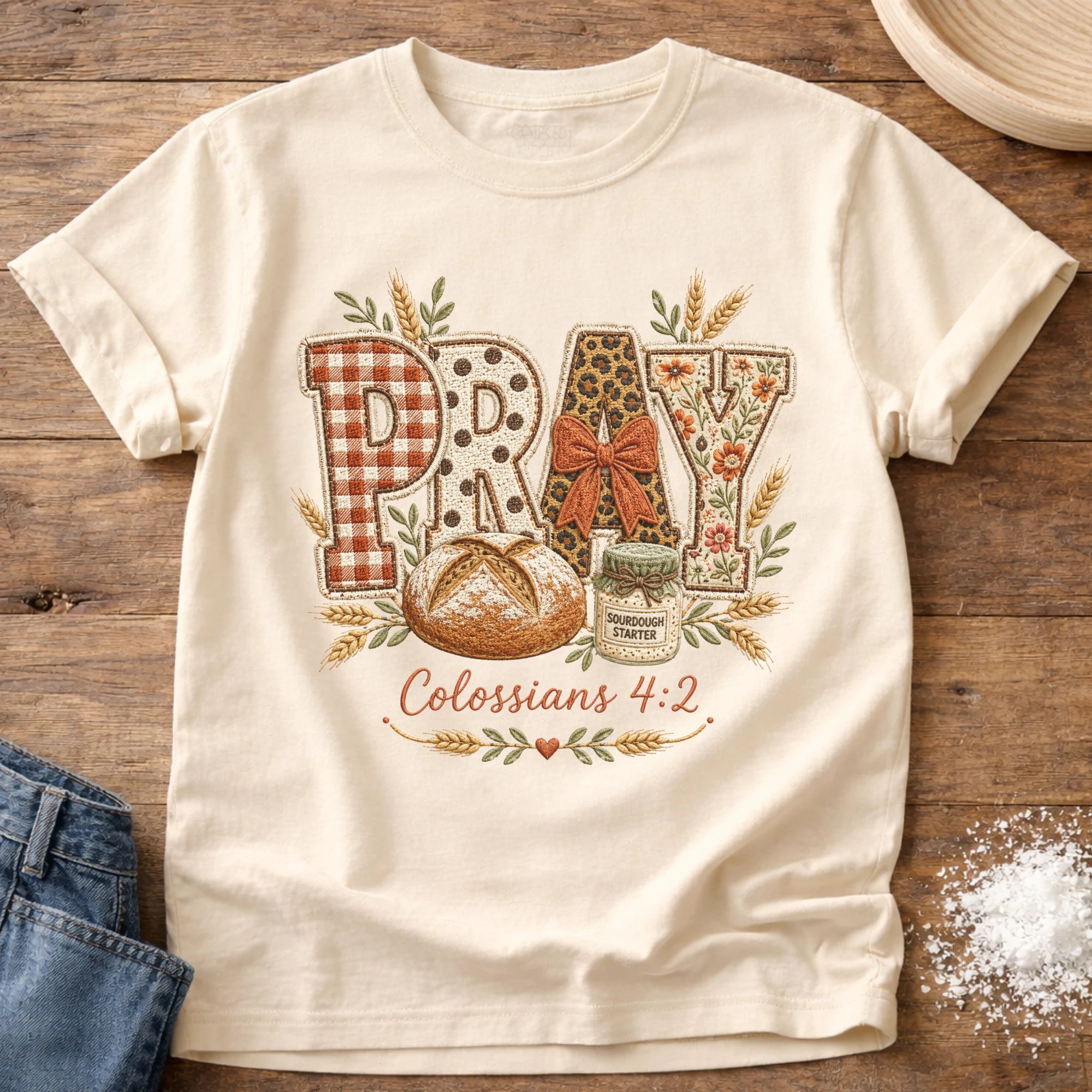 Knead More Fun Pray Faux Embroidery sourdough t-shirt in Ivory