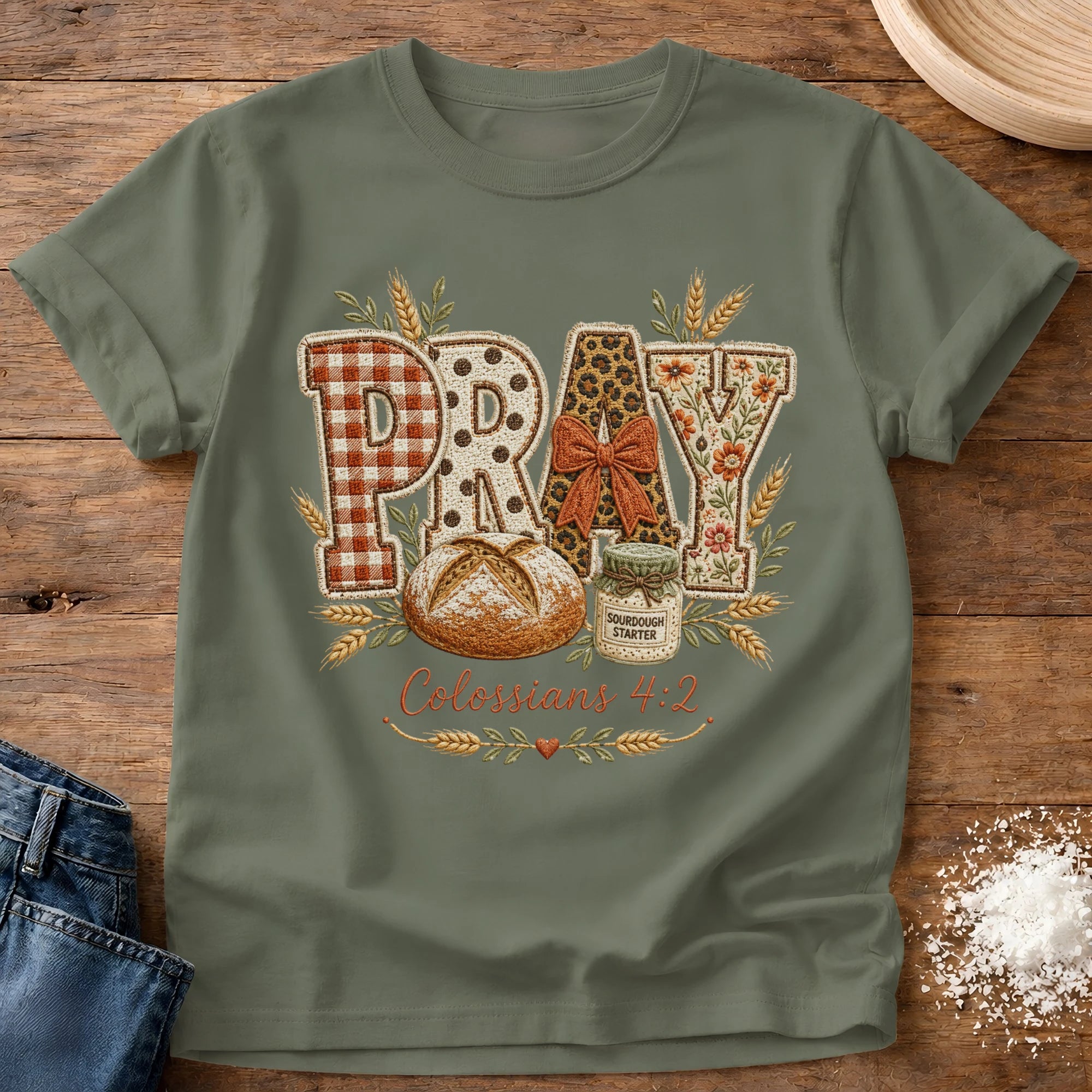 Knead More Fun Pray Faux Embroidery sourdough t-shirt in Moss
