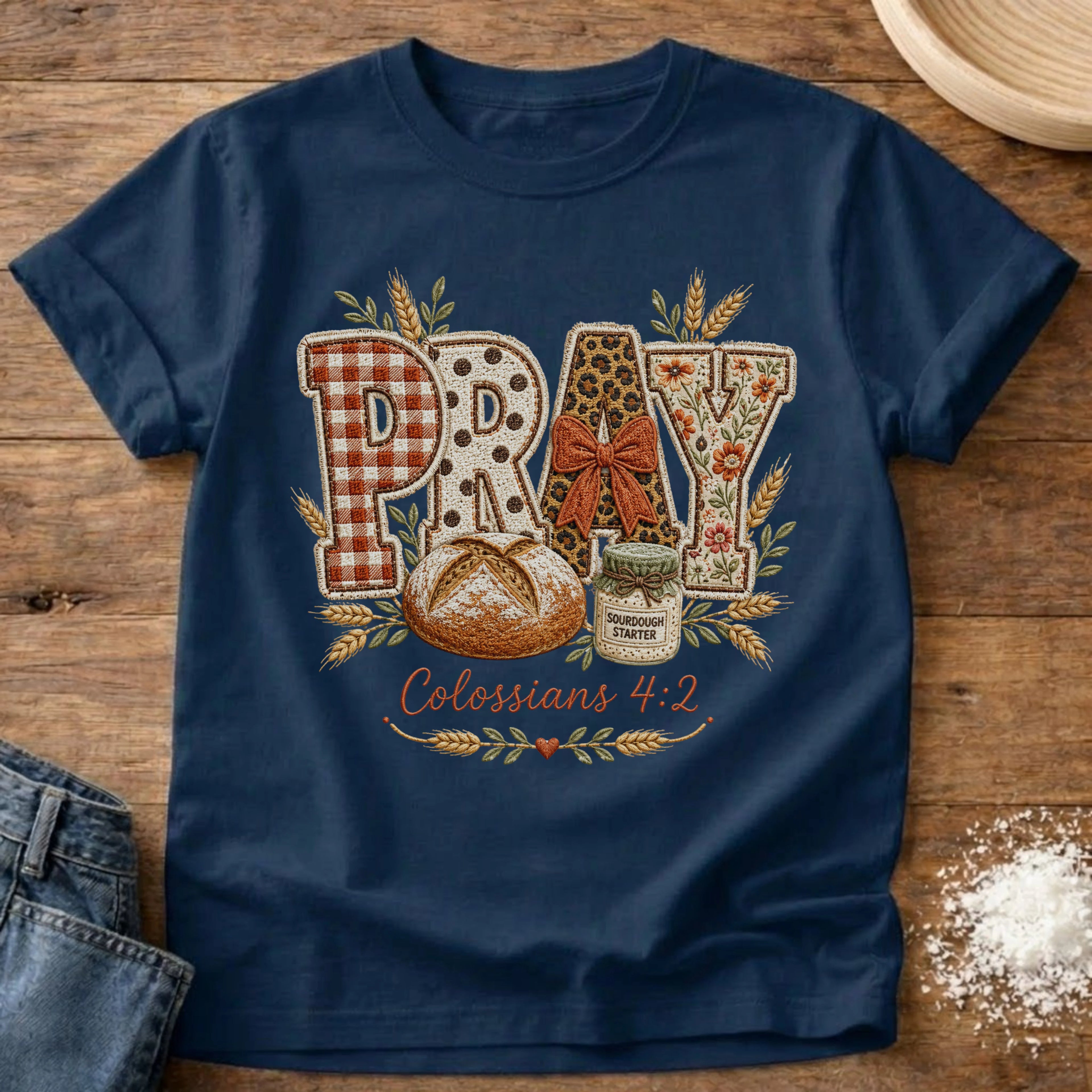 Knead More Fun Pray Faux Embroidery sourdough t-shirt in Navy
