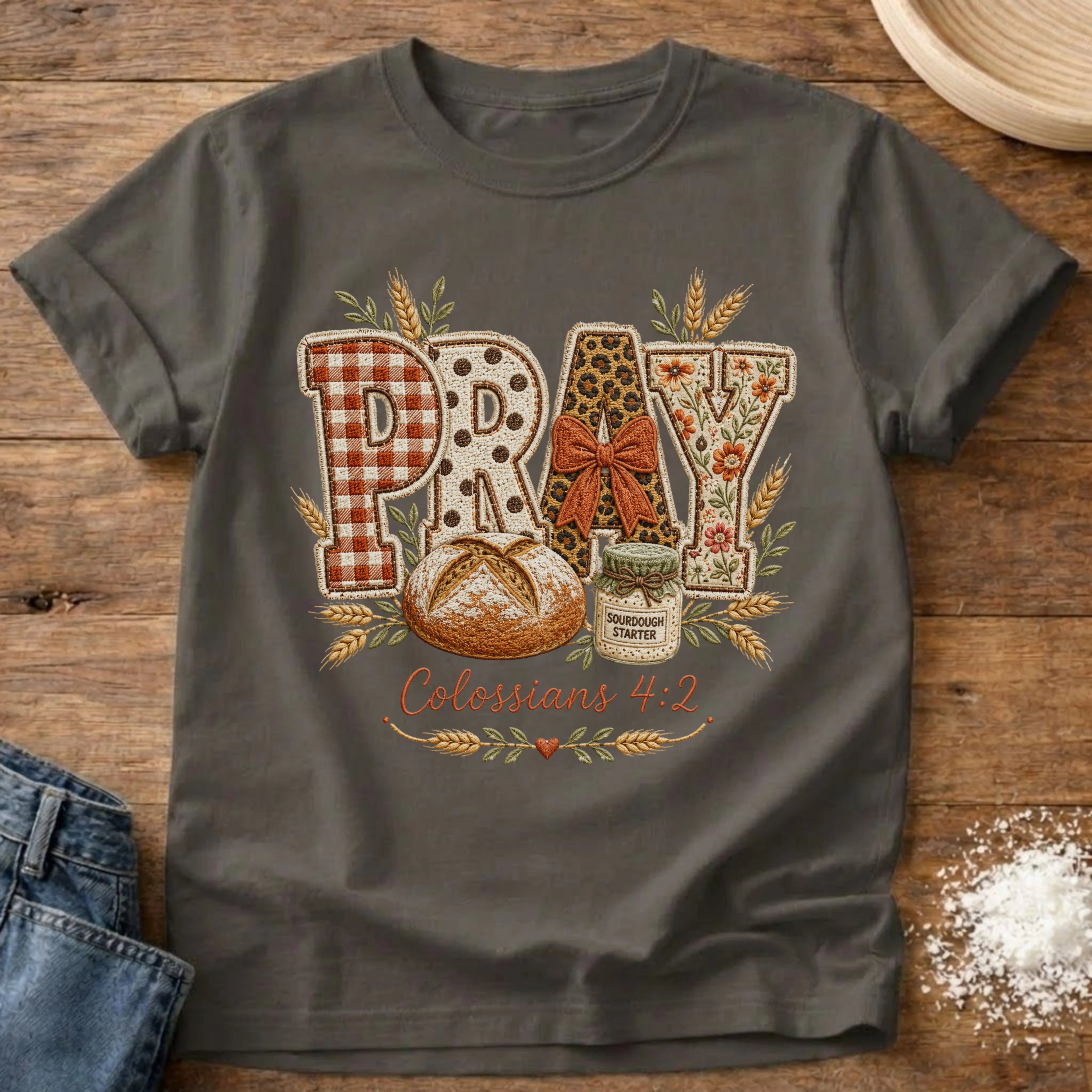 Knead More Fun Pray Faux Embroidery sourdough t-shirt in Pepper