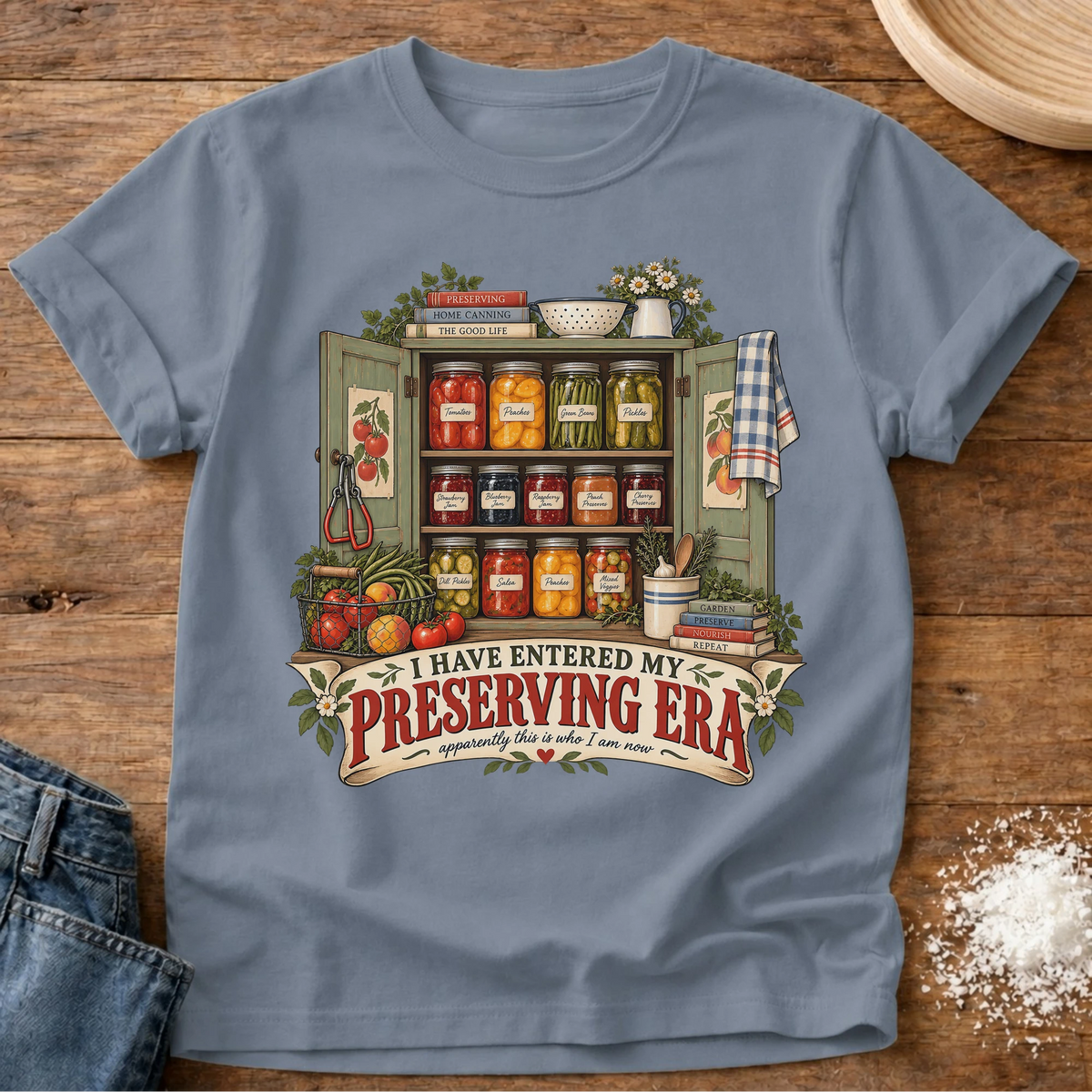 Knead More Fun Preserving Era canning and preserving t-shirt in Blue Jean