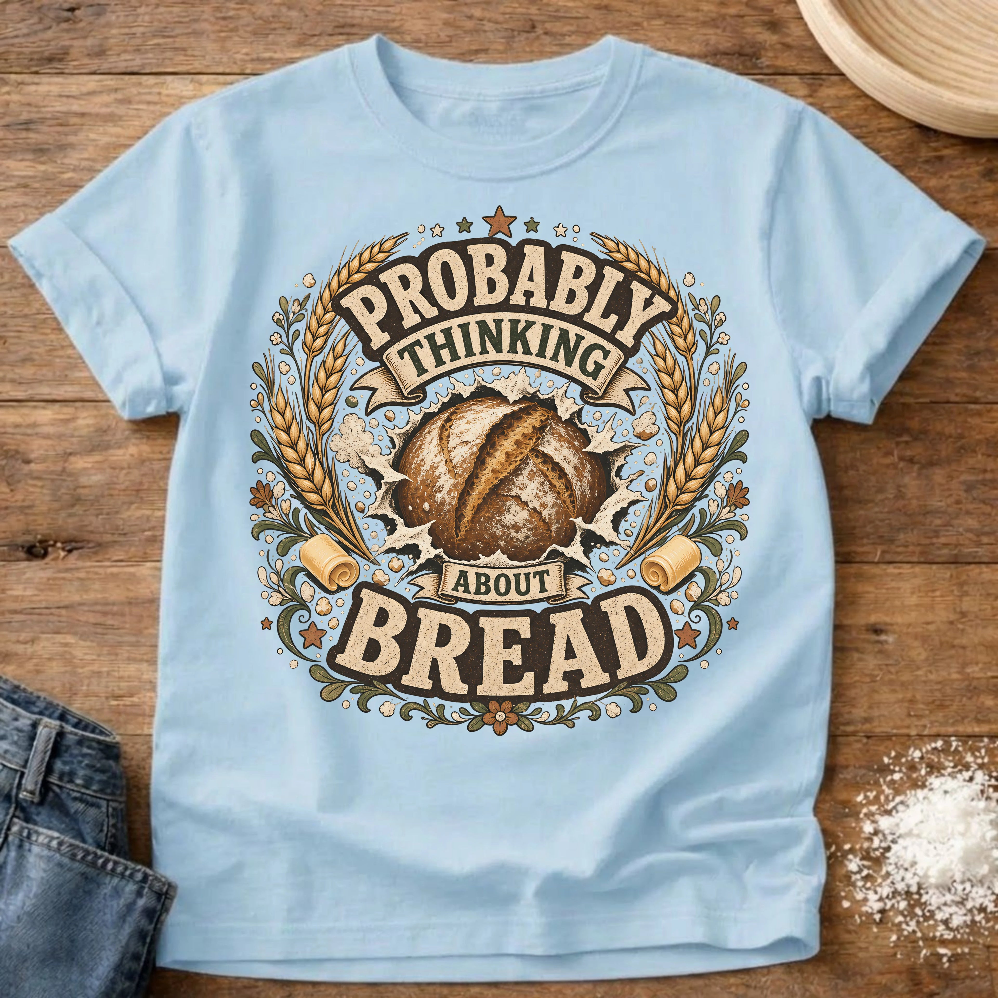 Knead More Fun Probably Thinking About Bread sourdough t-shirt in Chambray