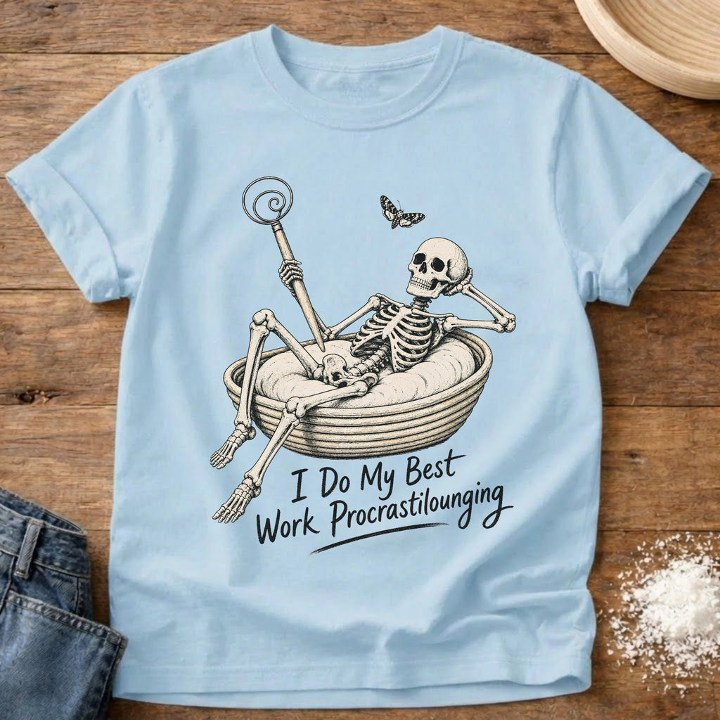 Knead More Fun Procrastilounging Skeleton sourdough t-shirt in Chambray