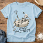 Knead More Fun Procrastilounging Skeleton sourdough t-shirt in Chambray
