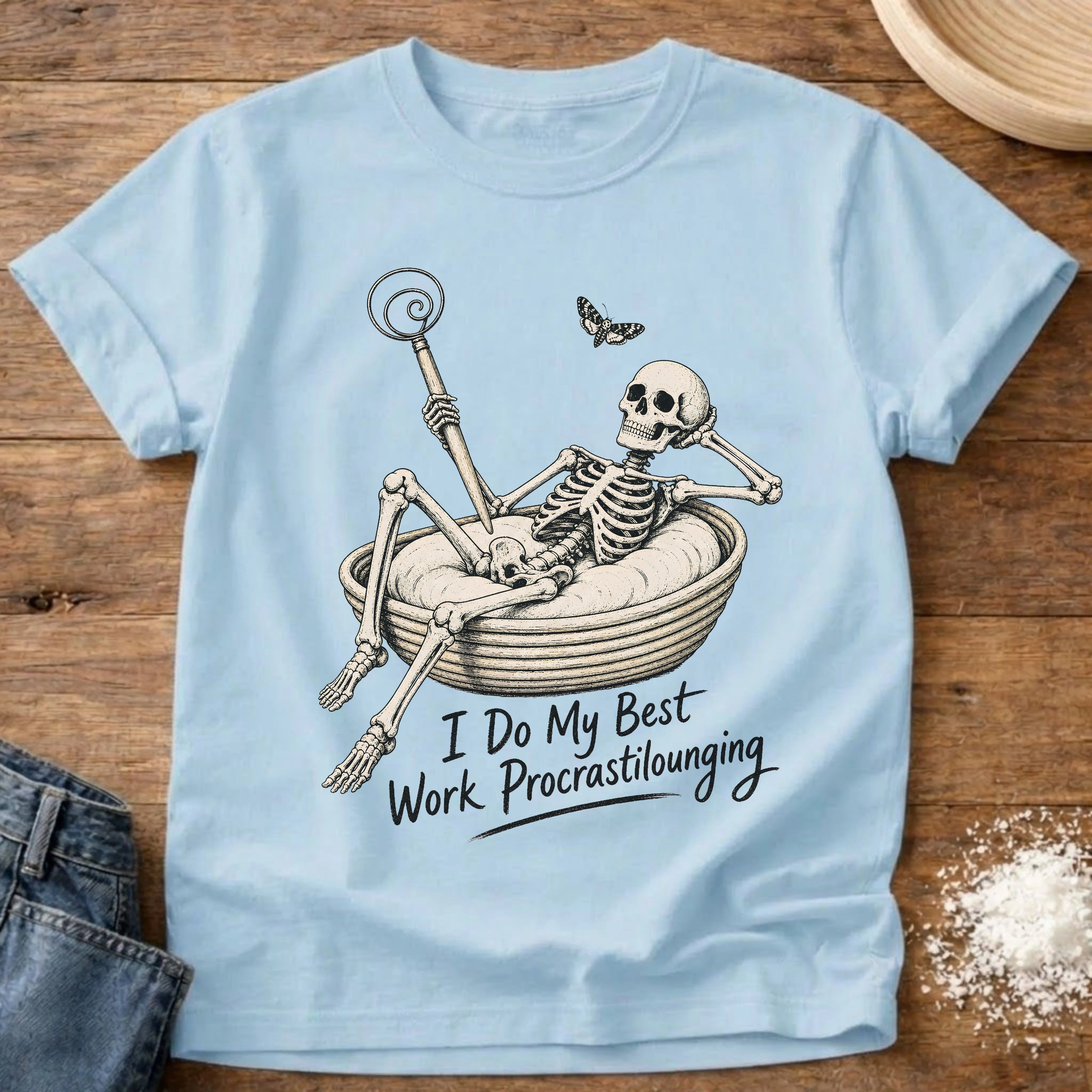 Knead More Fun Procrastilounging Skeleton sourdough t-shirt in Chambray