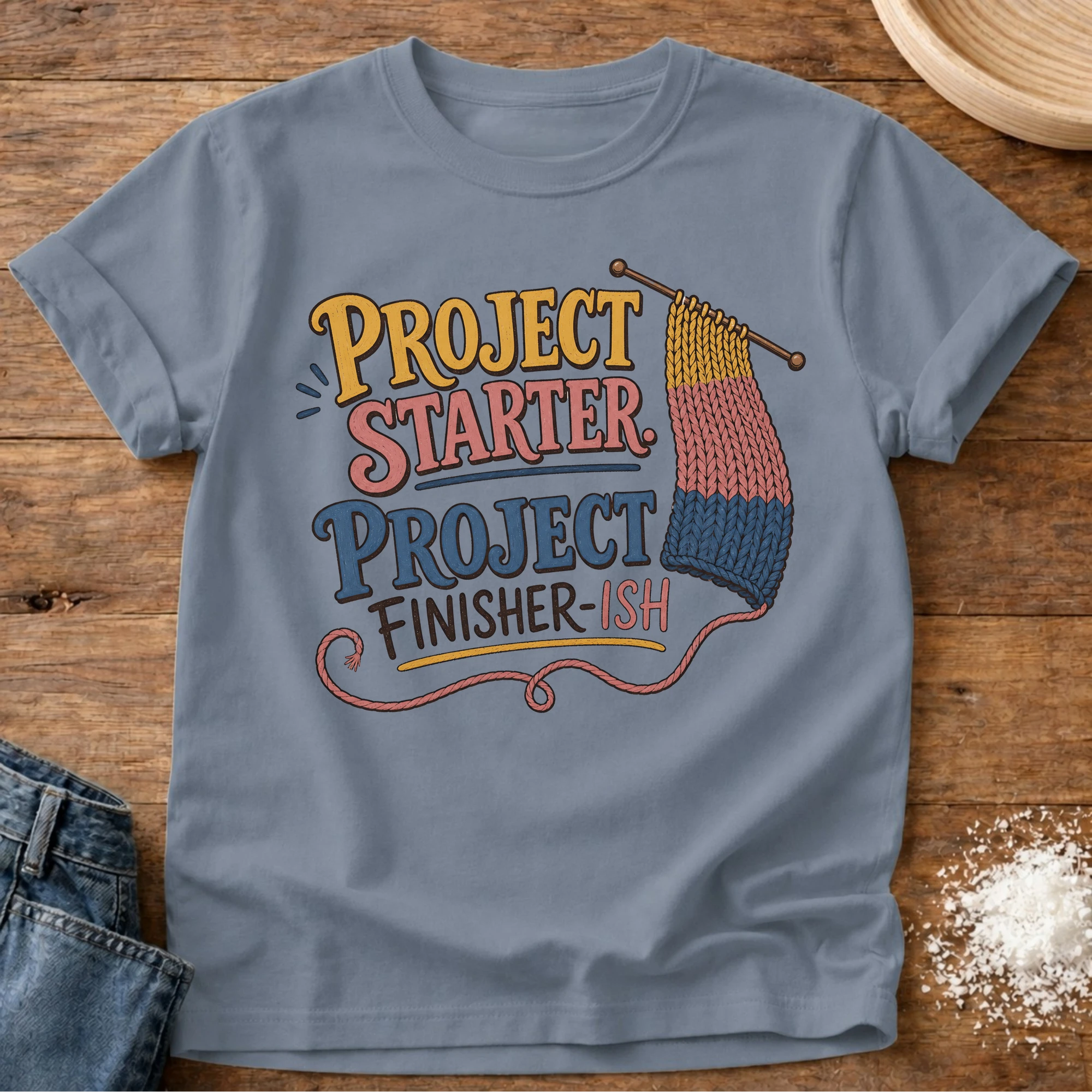 Knead More Fun Project Finisher-ish knitting t-shirt in Blue Jean
