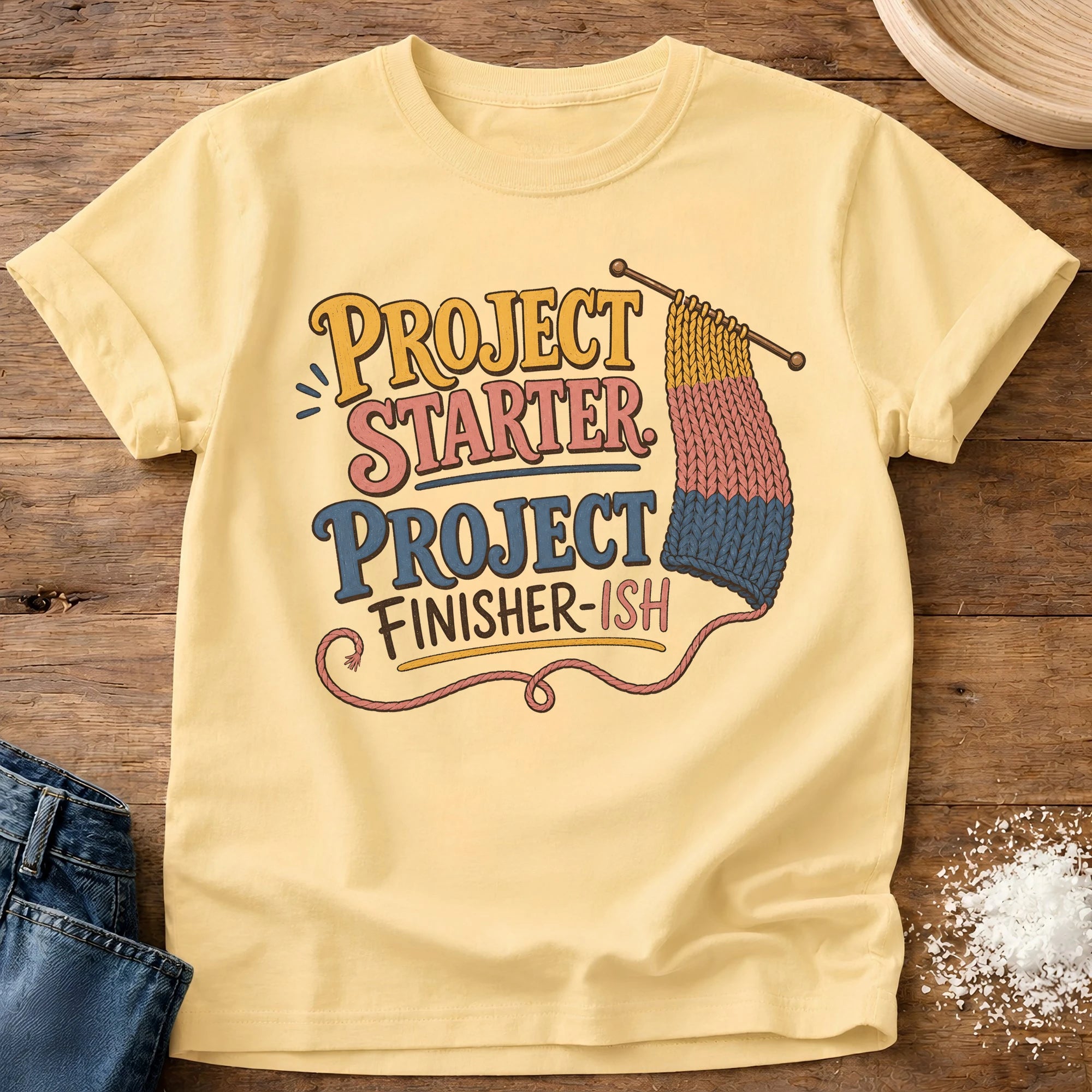 Knead More Fun Project Finisher-ish knitting t-shirt in Butter