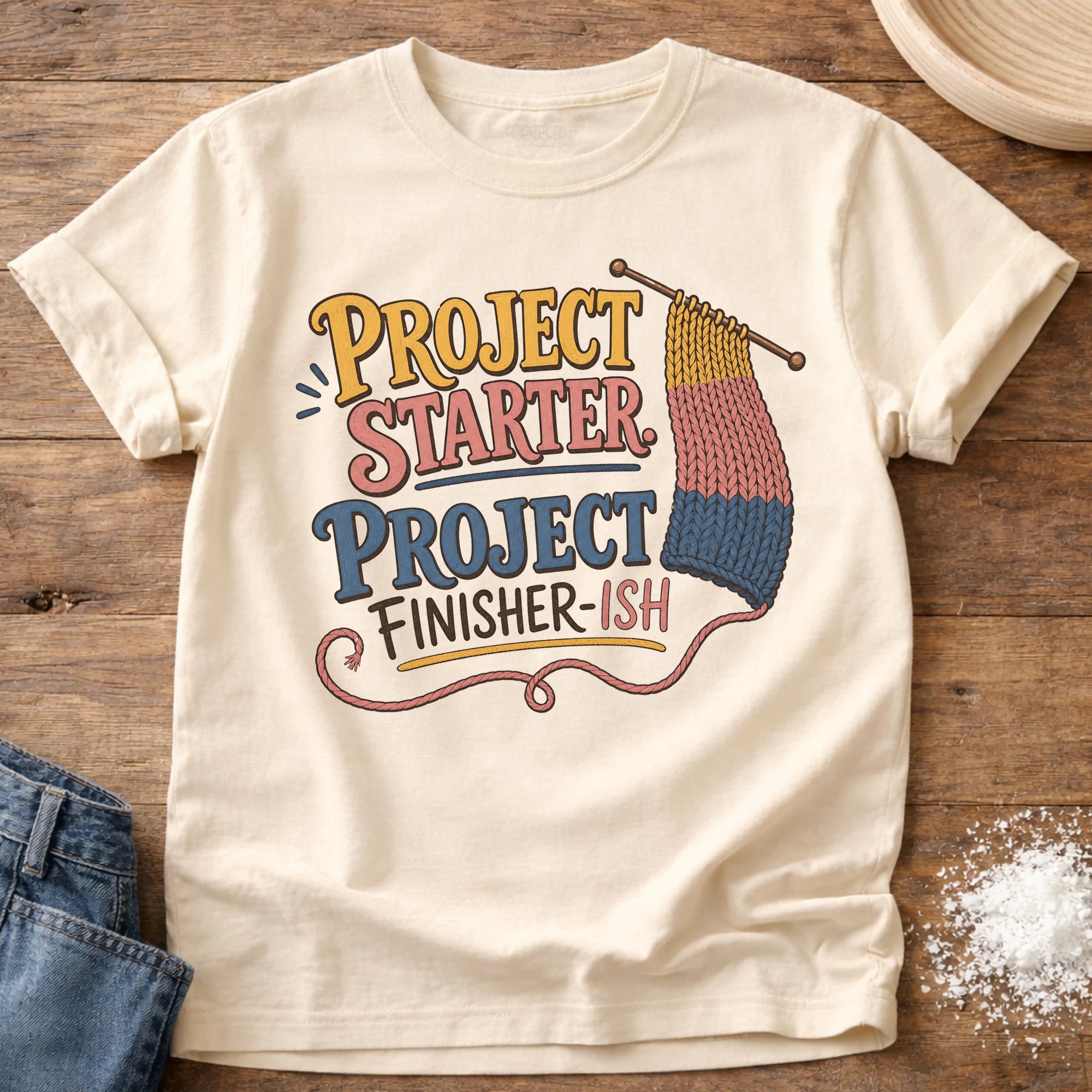 Knead More Fun Project Finisher-ish knitting t-shirt in Ivory