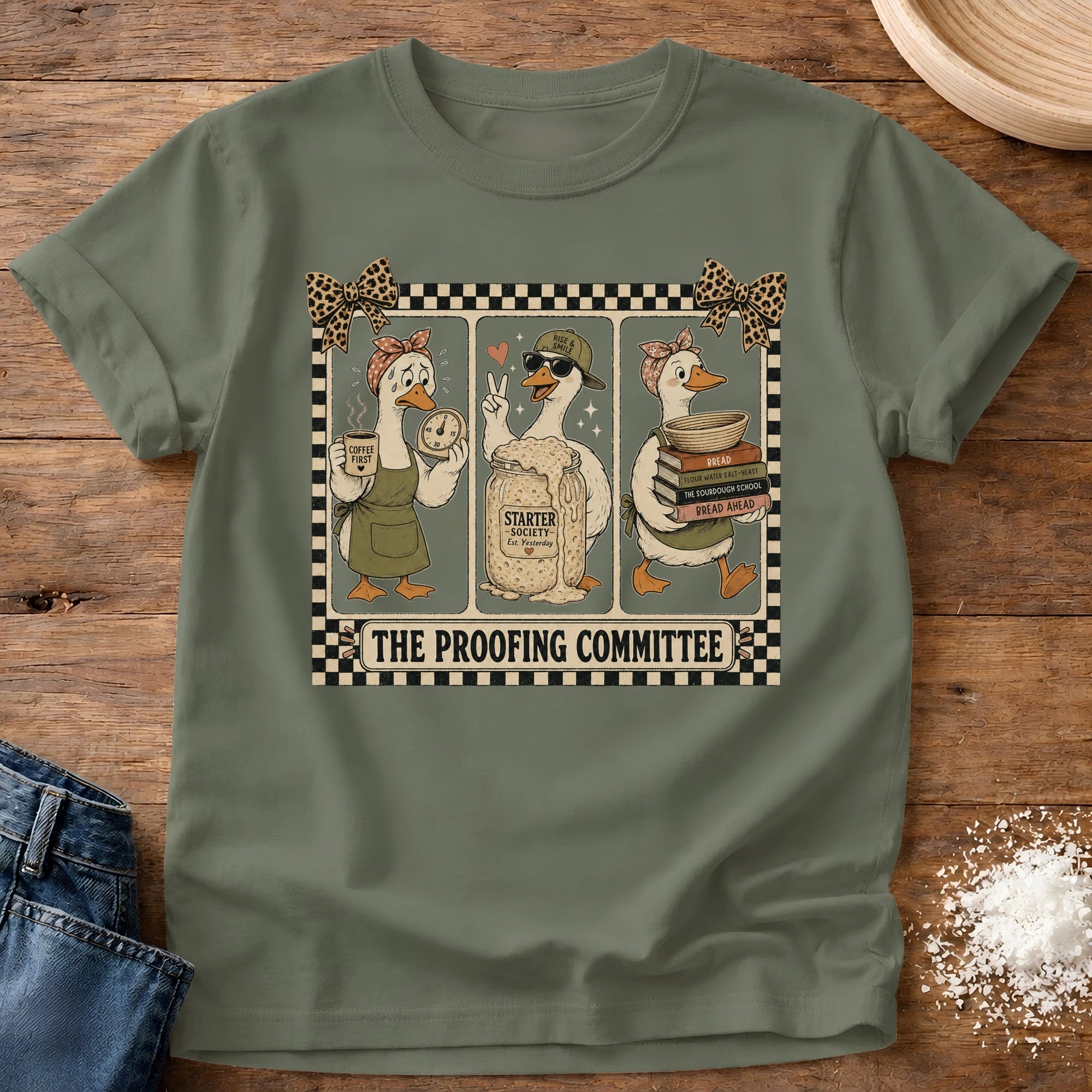 Knead More Fun Proofing Committee sourdough t-shirt in Moss
