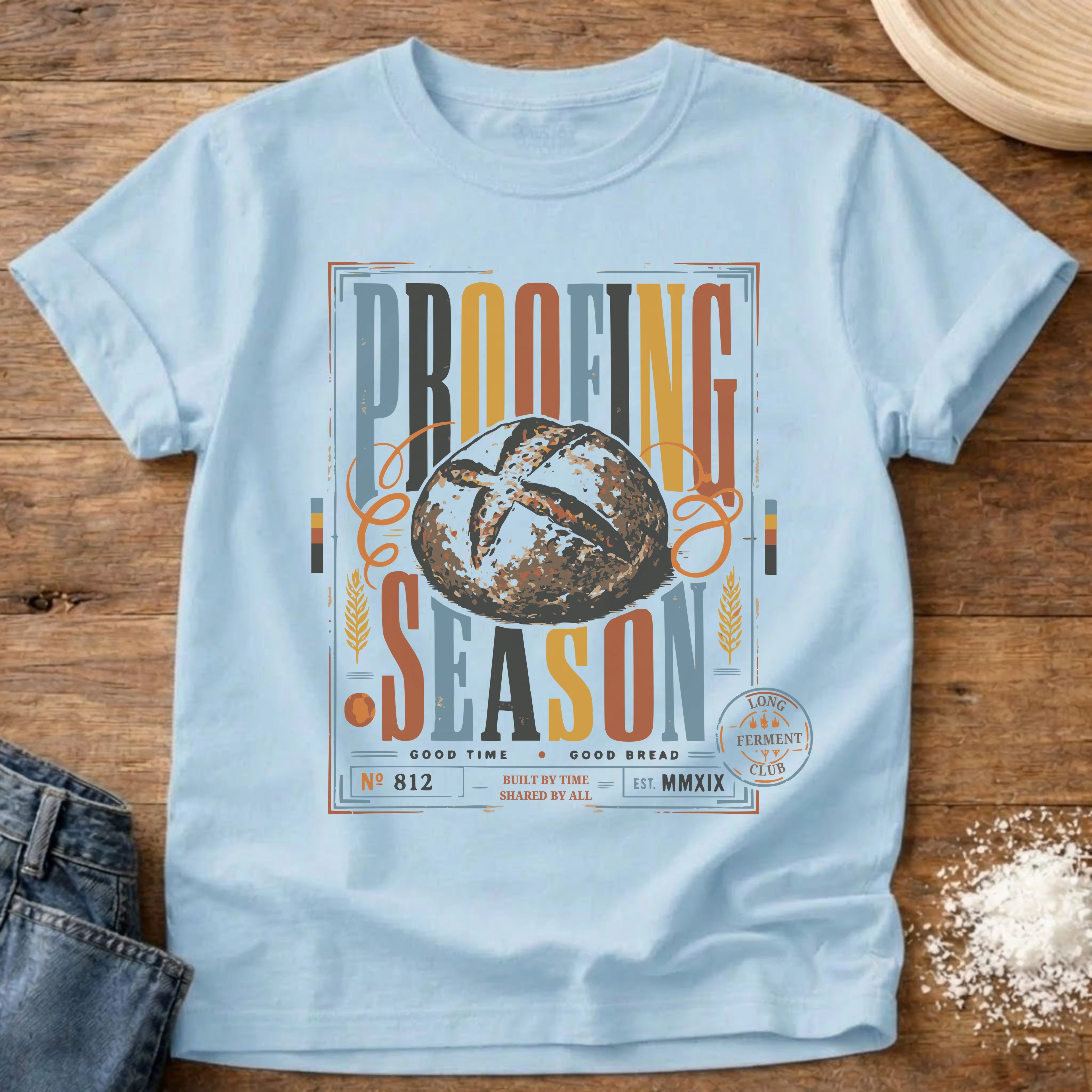 Knead More Fun Proofing Season Ticket sourdough t-shirt in Chambray
