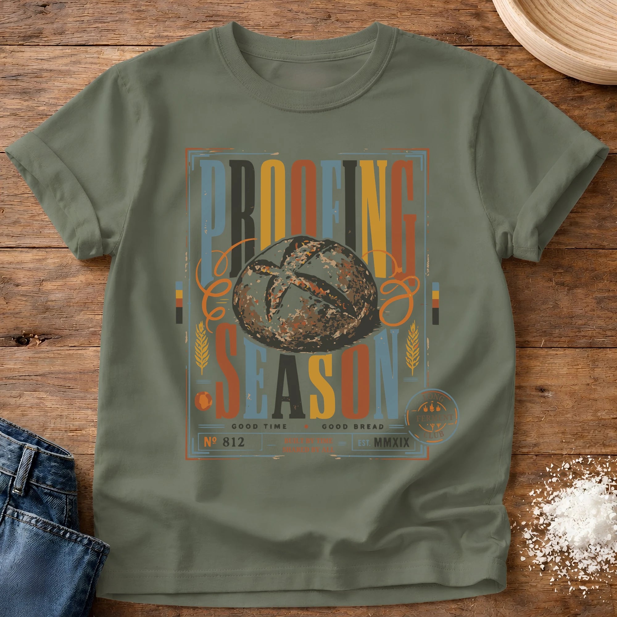 Knead More Fun Proofing Season Ticket sourdough t-shirt in Moss