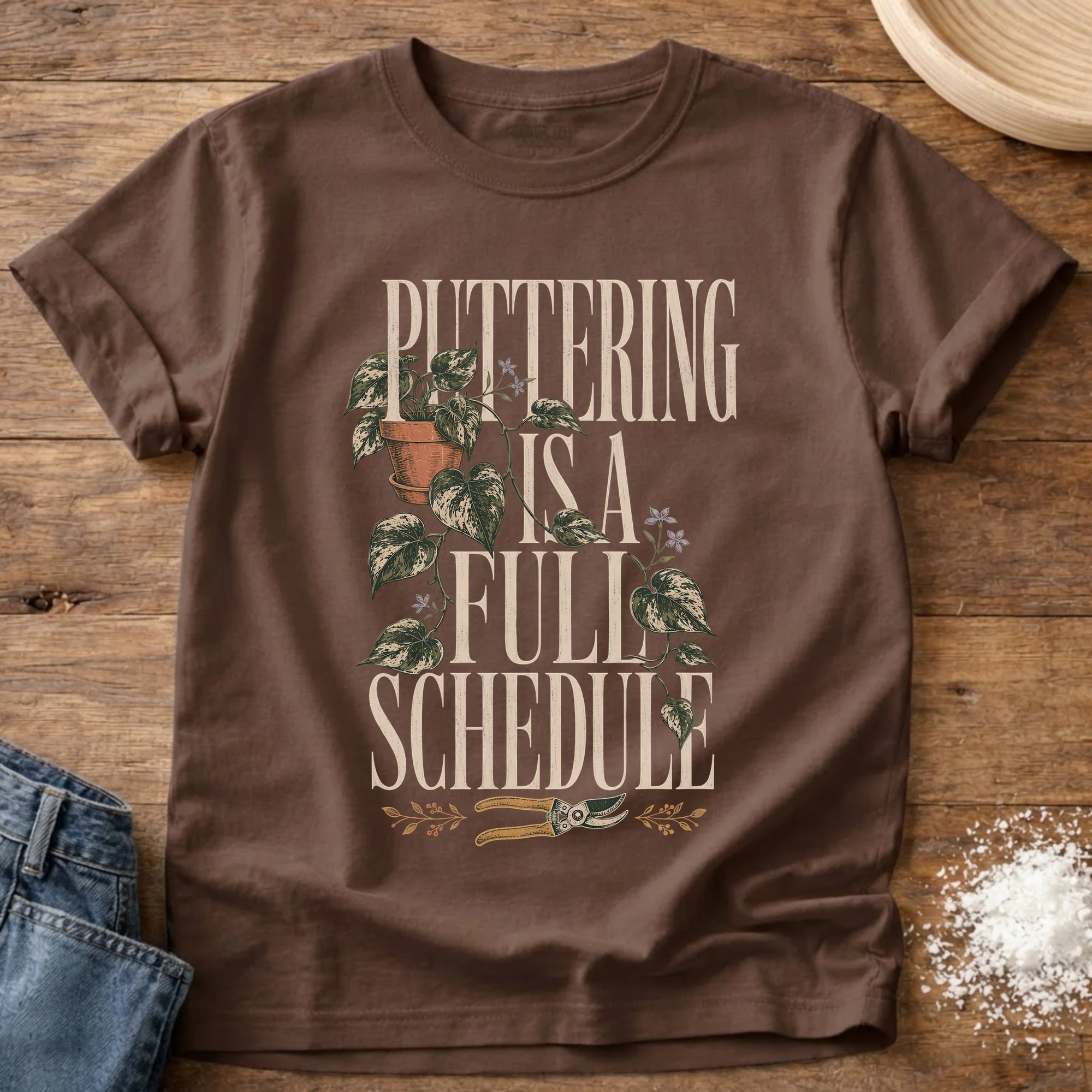 Knead More Fun puttering schedule garden t-shirt in Espresso