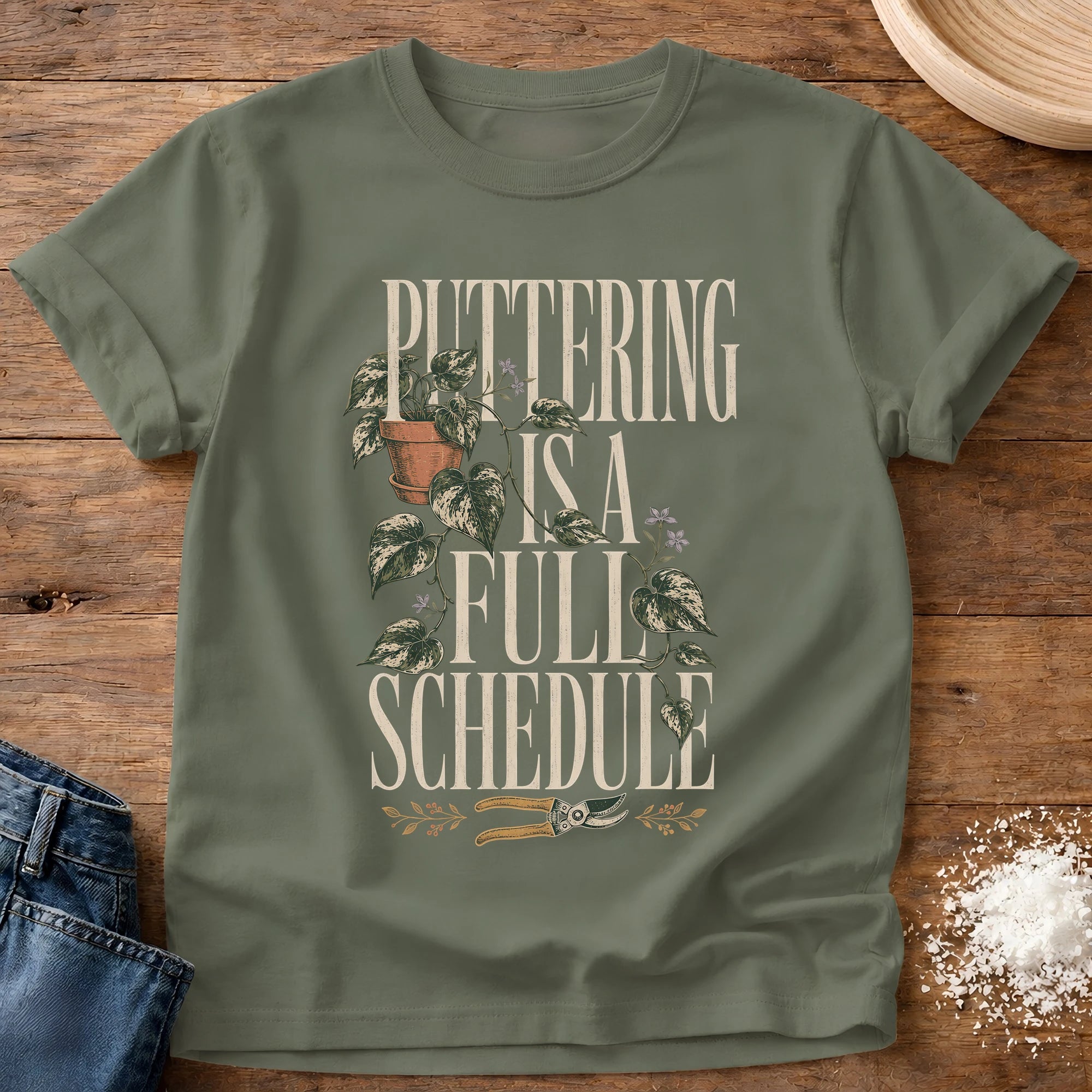 Knead More Fun puttering schedule garden t-shirt in Moss
