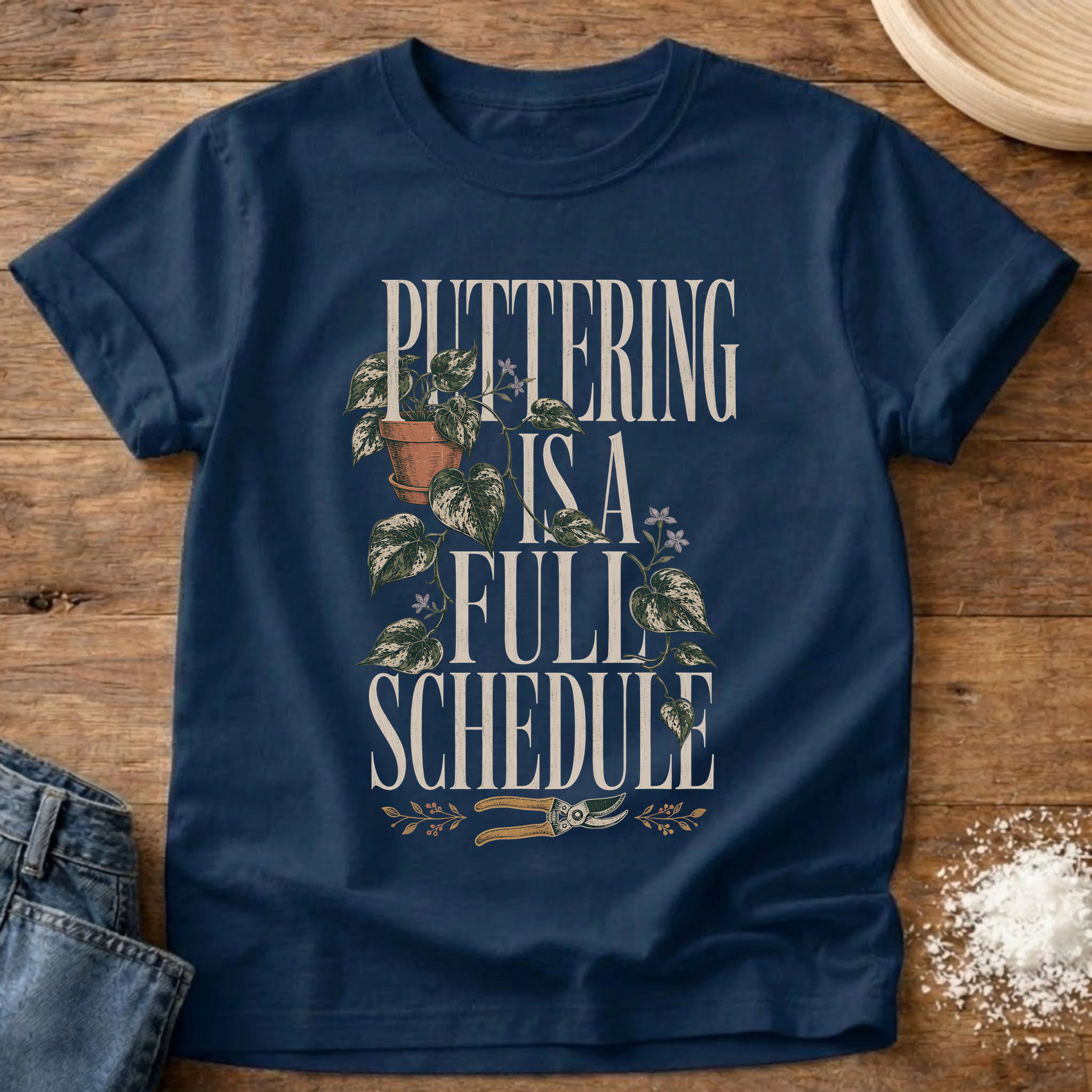 Knead More Fun puttering schedule garden t-shirt in Navy
