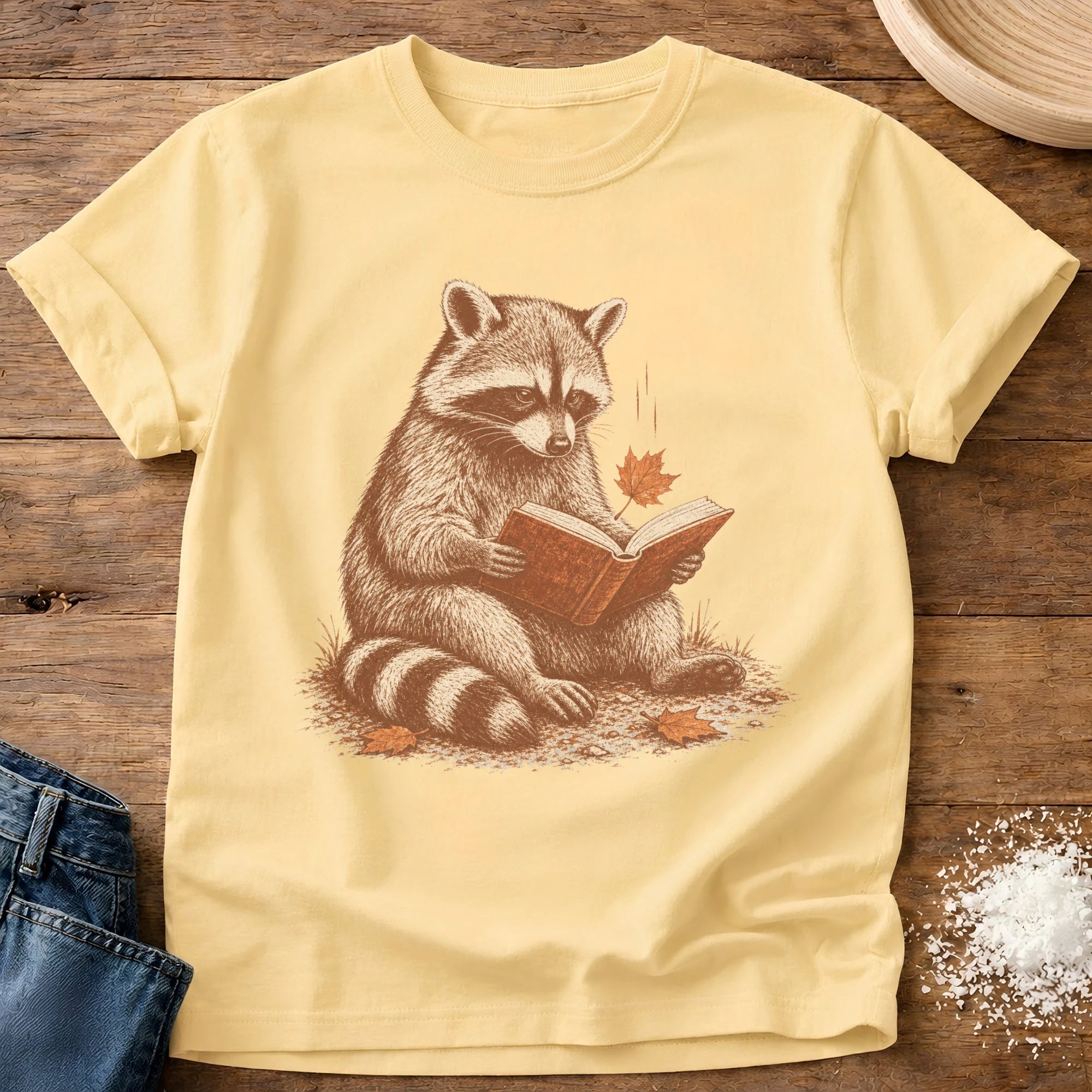 Knead More Fun fall reading raccoon t-shirt in Butter