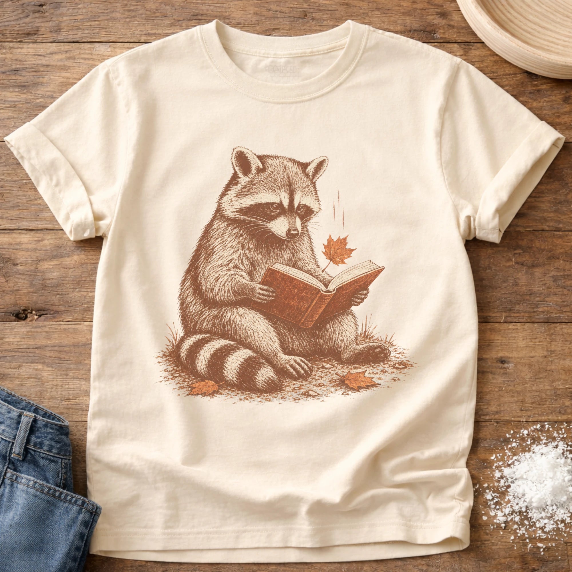Knead More Fun fall reading raccoon t-shirt in Ivory