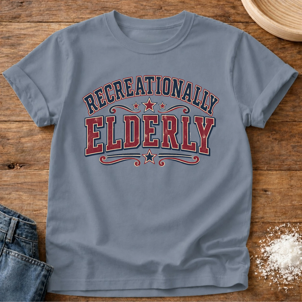 Knead More Fun Recreationally Elderly t-shirt in Blue Jean