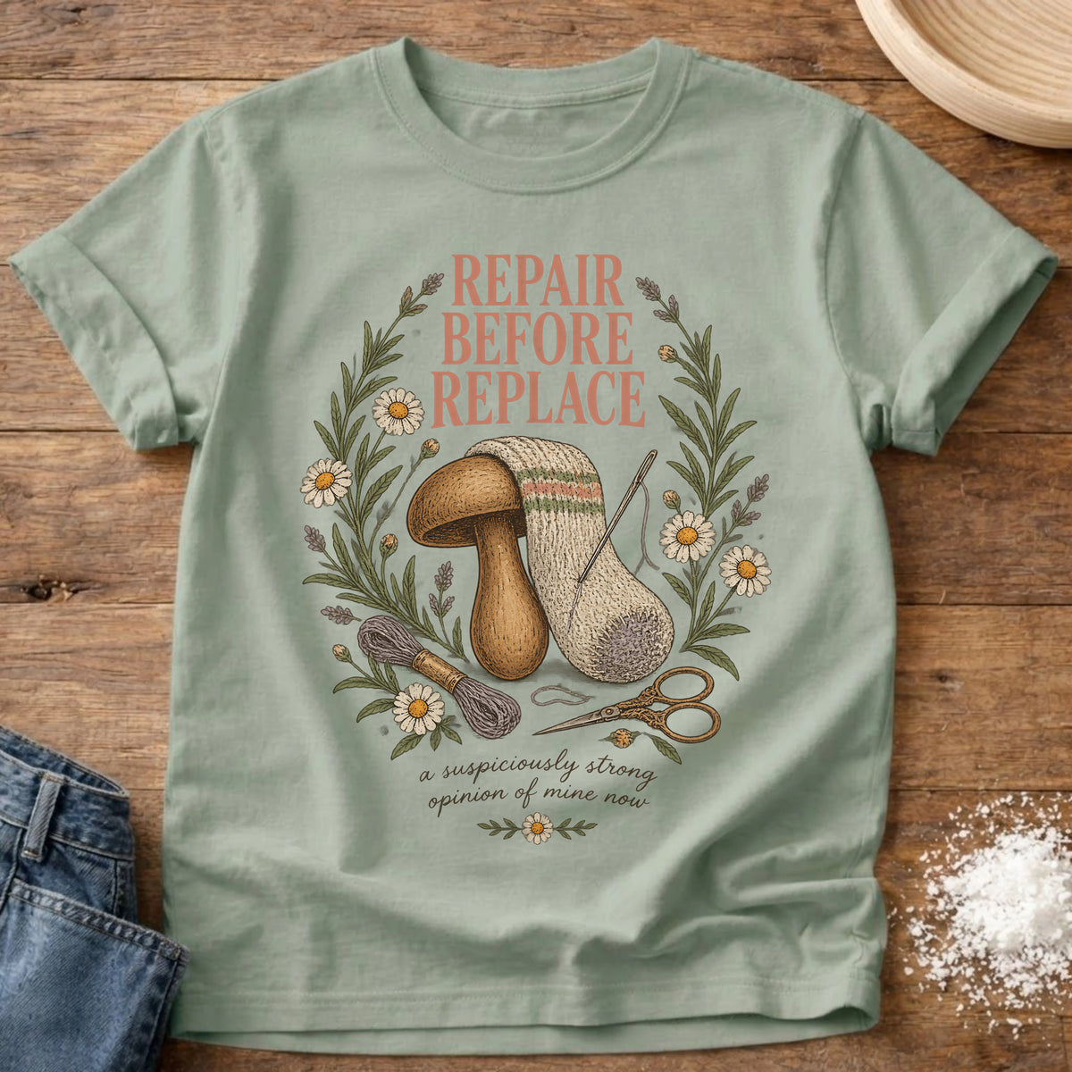 Knead More Fun Repair Before Replace visible mending t-shirt in Bay