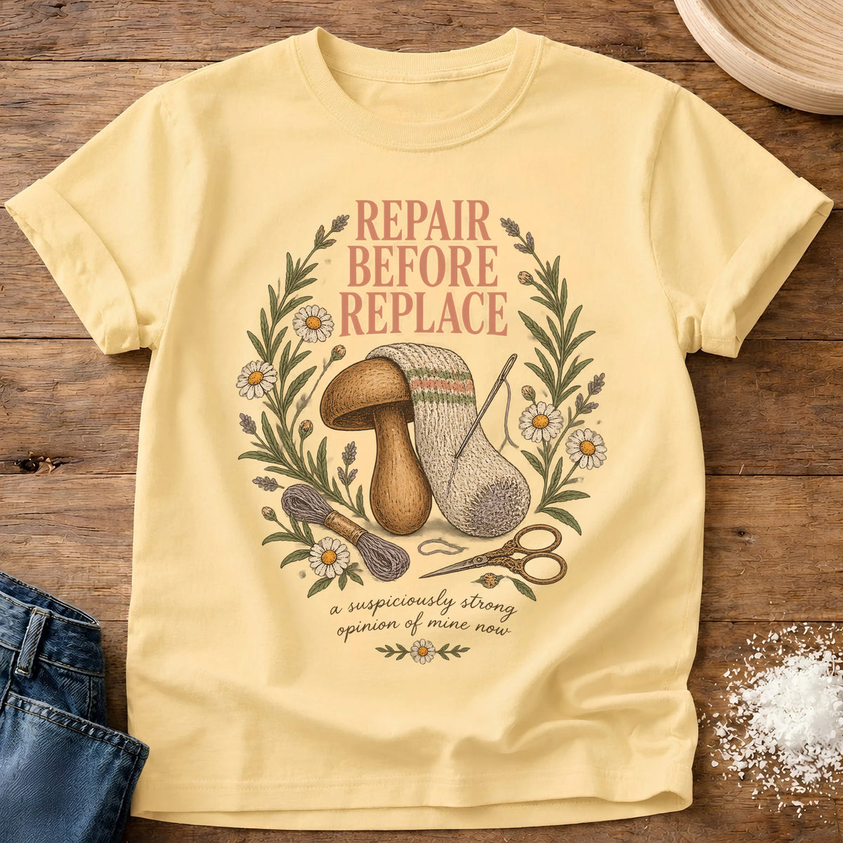 Knead More Fun Repair Before Replace visible mending t-shirt in Butter