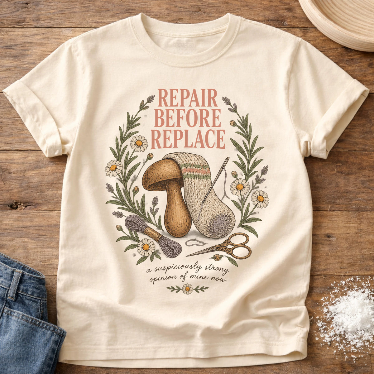 Knead More Fun Repair Before Replace visible mending t-shirt in Ivory