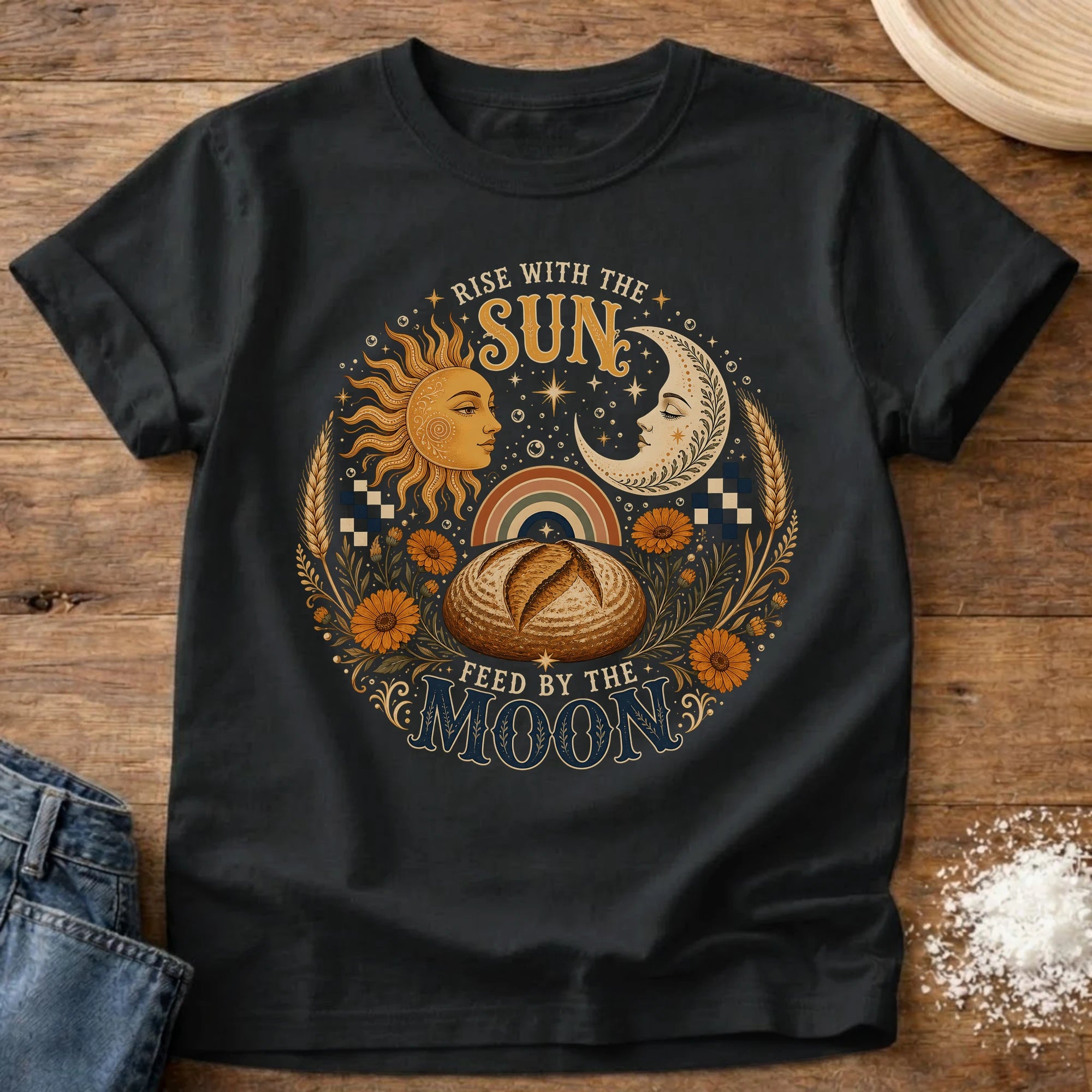 Knead More Fun Rise with the Sun sourdough t-shirt in Black