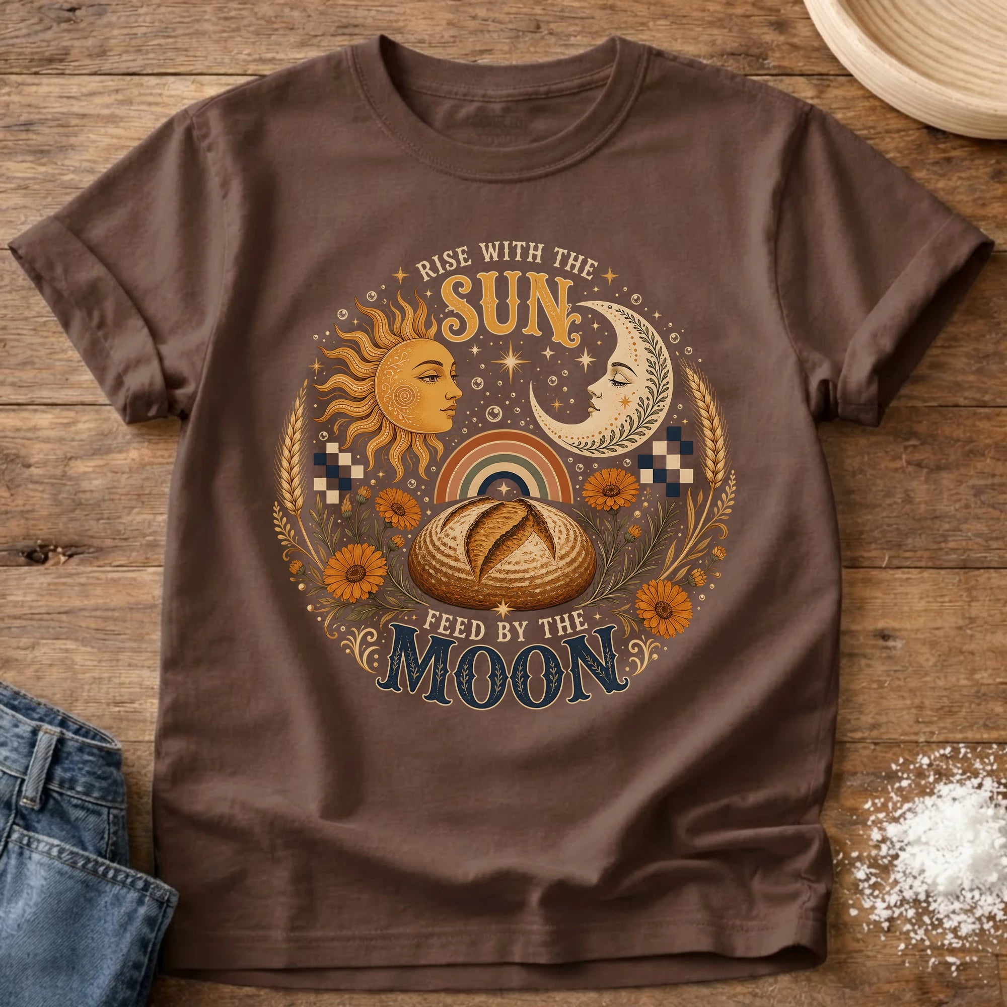 Knead More Fun Rise with the Sun sourdough t-shirt in Espresso