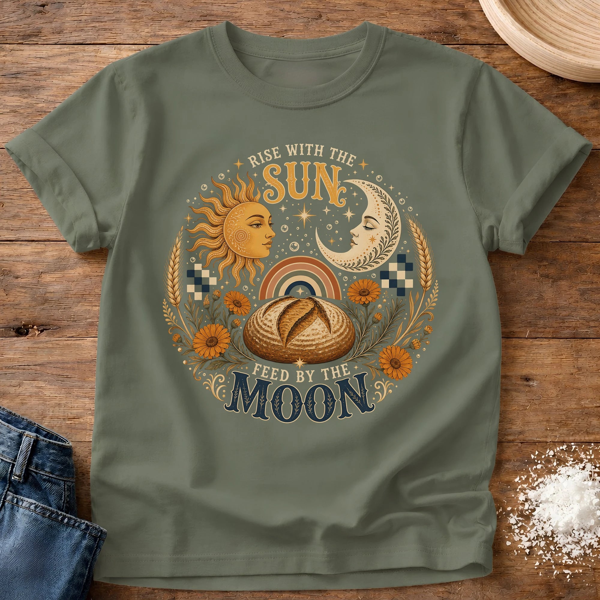 Knead More Fun Rise with the Sun sourdough t-shirt in Moss
