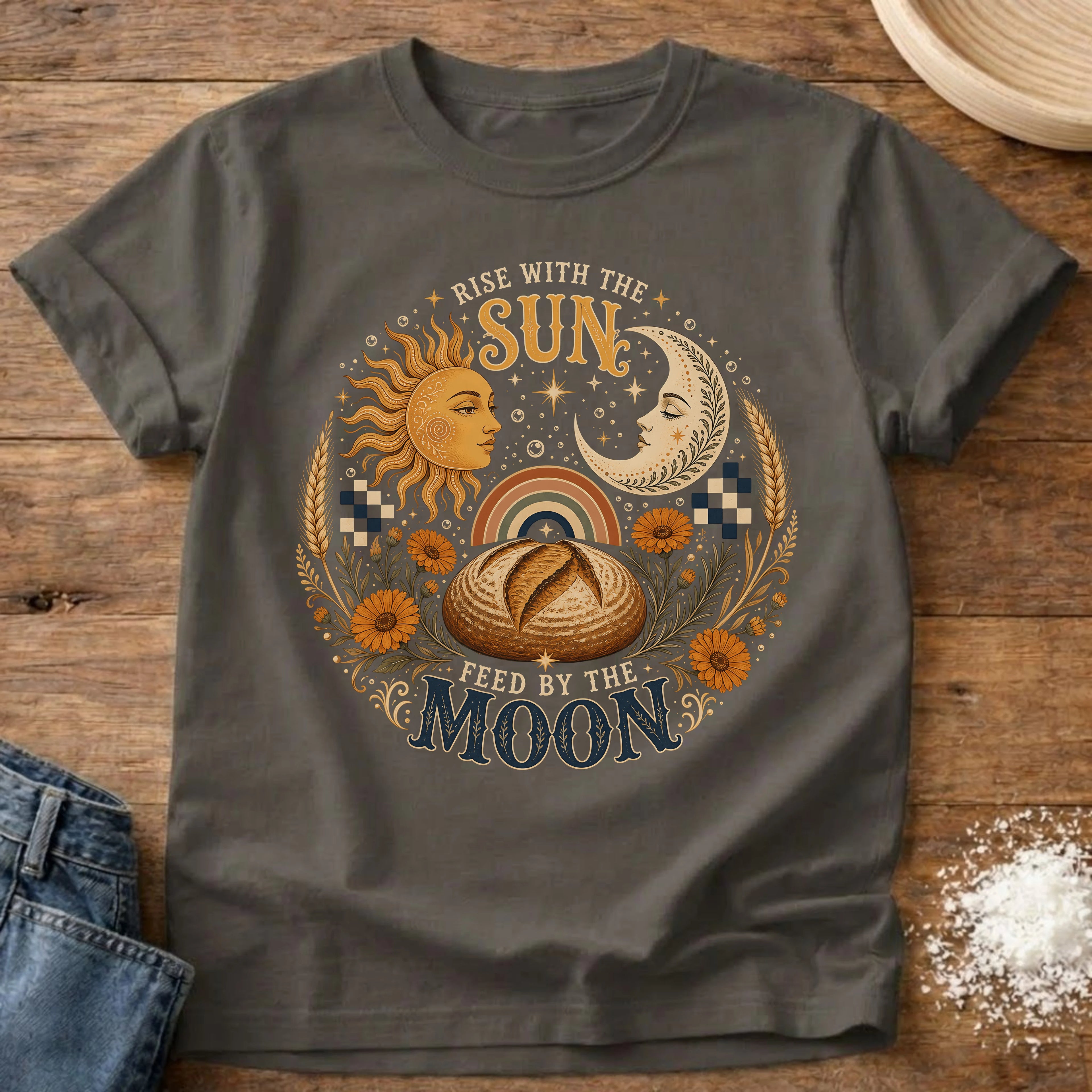 Knead More Fun Rise with the Sun sourdough t-shirt in Pepper