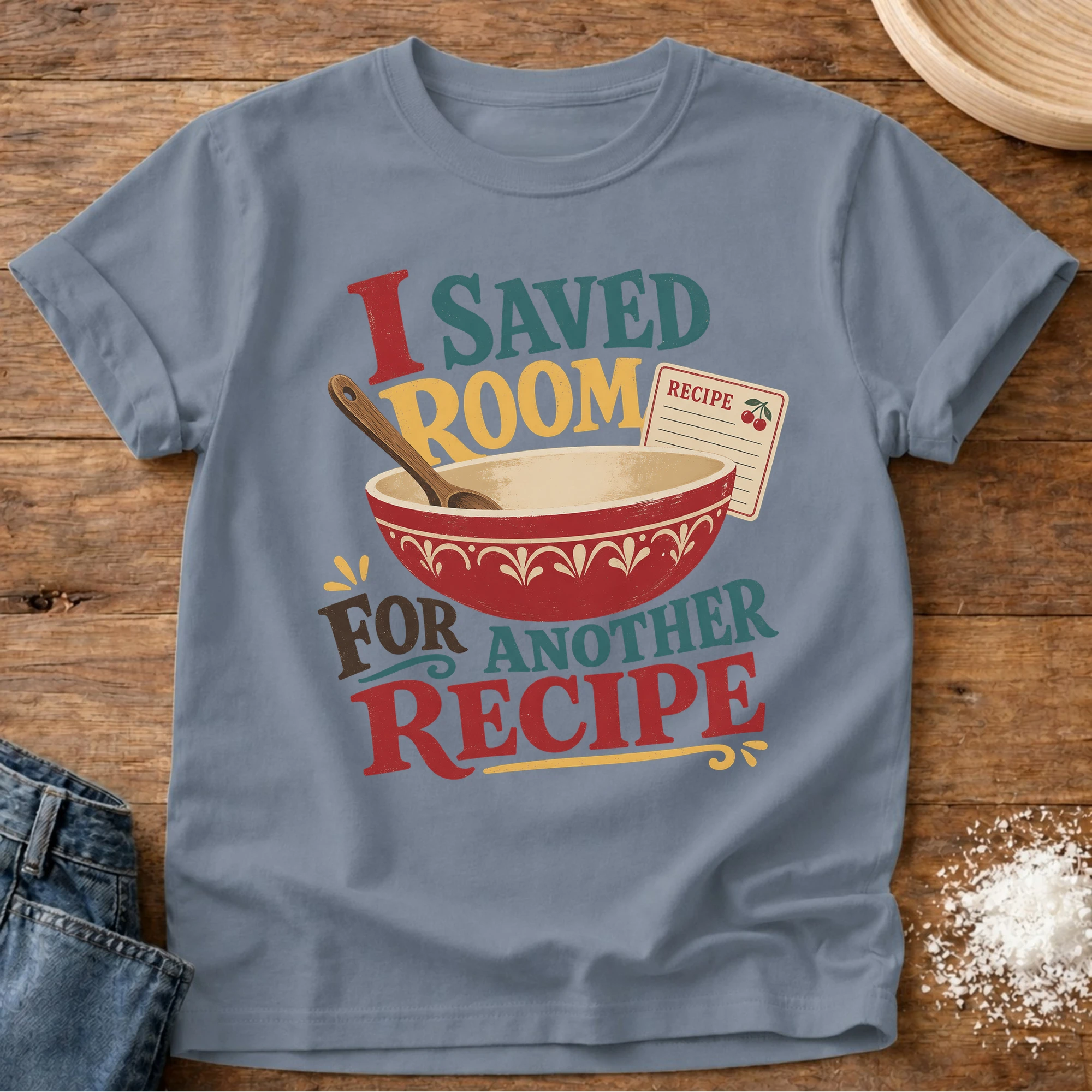 Knead More Fun saved room cozy kitchen t-shirt in Blue Jean
