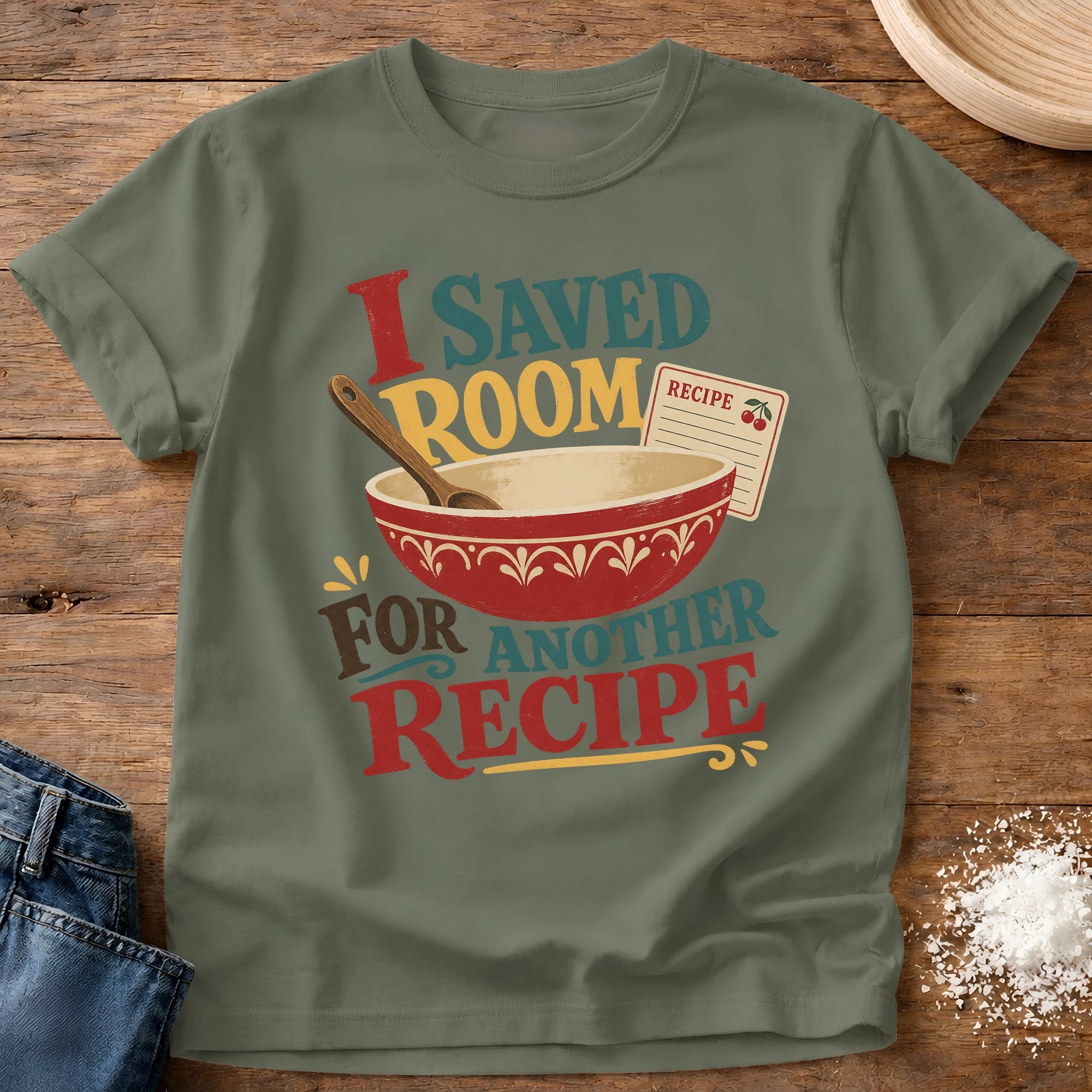 Knead More Fun saved room cozy kitchen t-shirt in Moss