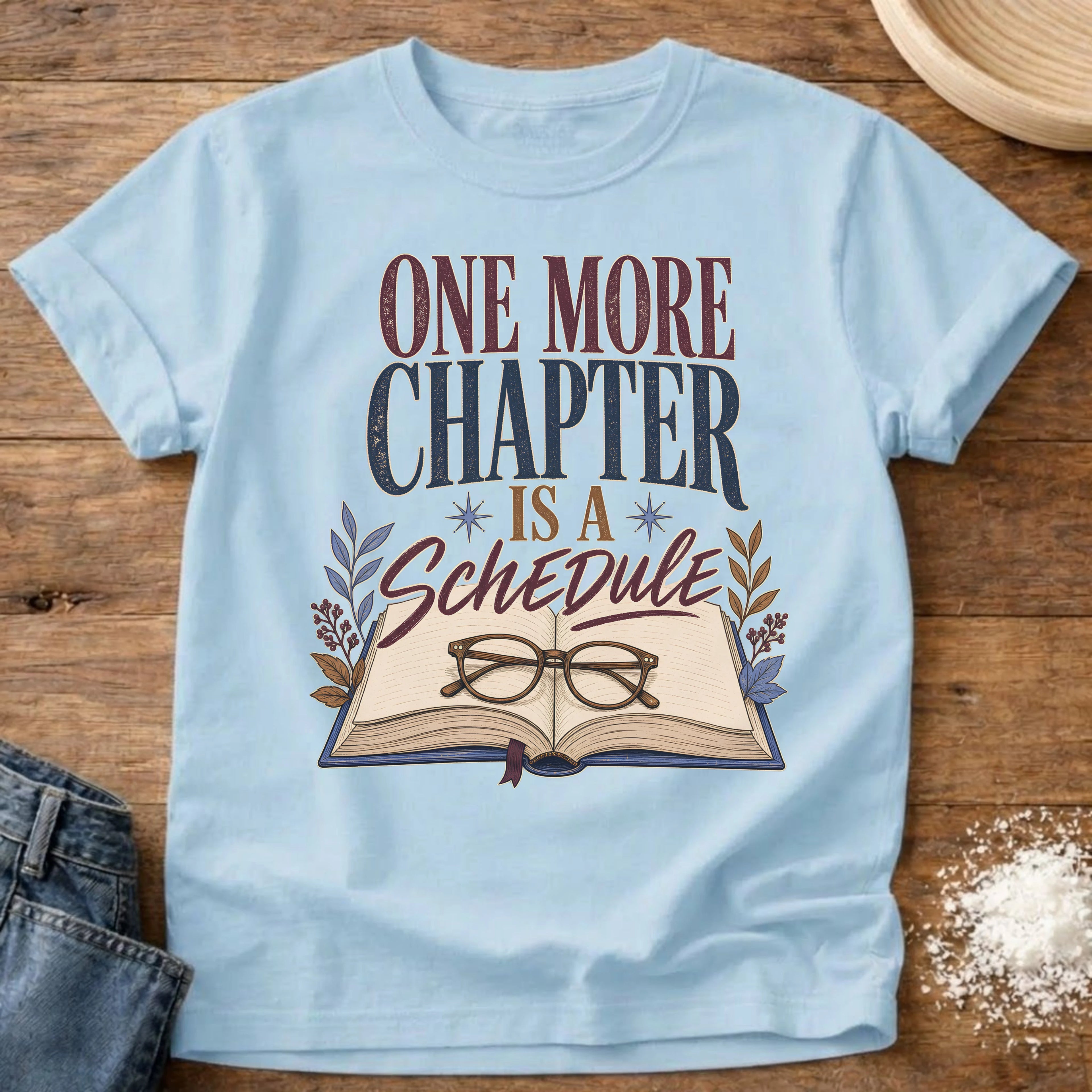 Knead More Fun One More Chapter book lover t-shirt in Chambray