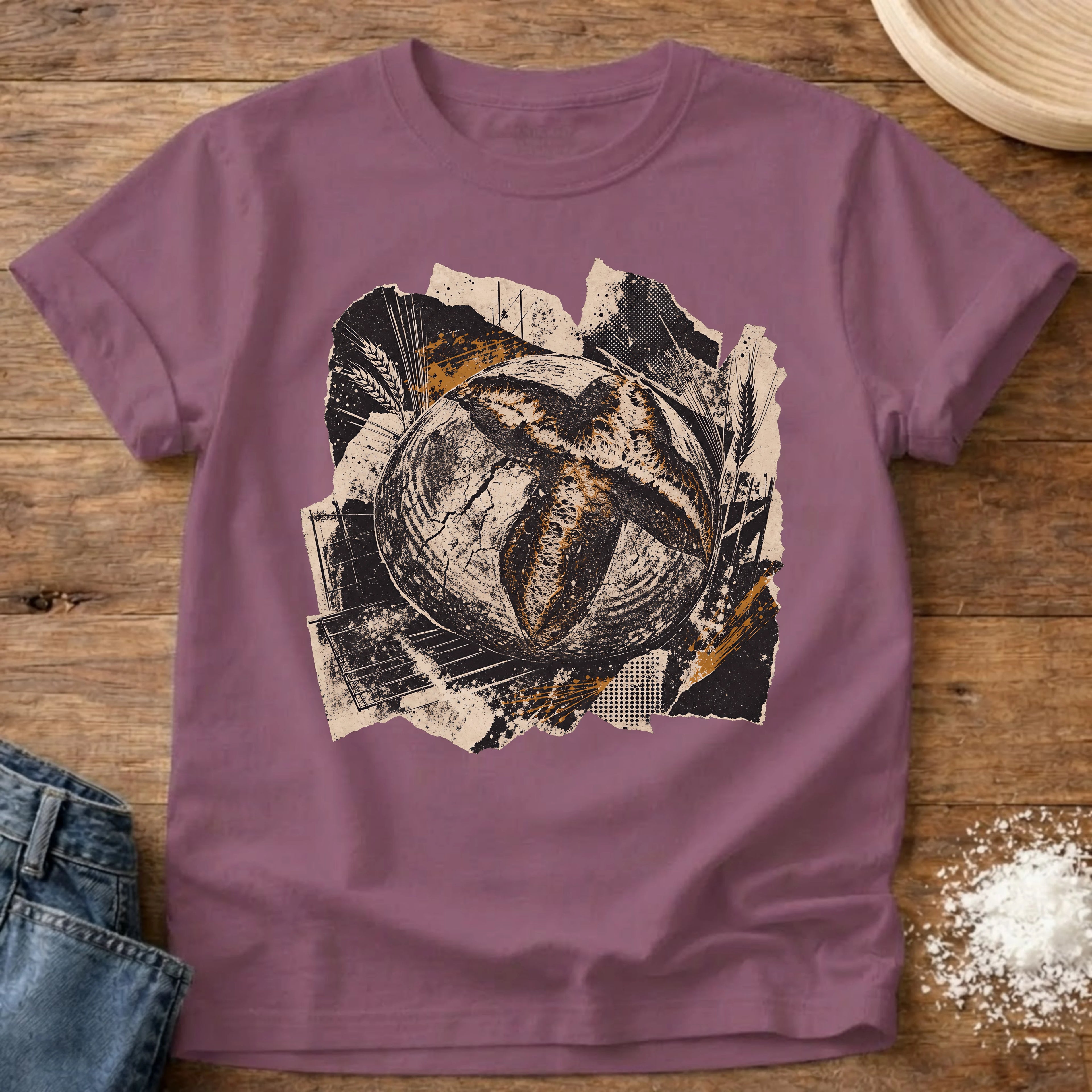 Knead More Fun Scrapbook Sourdough grunge collage t-shirt in Berry