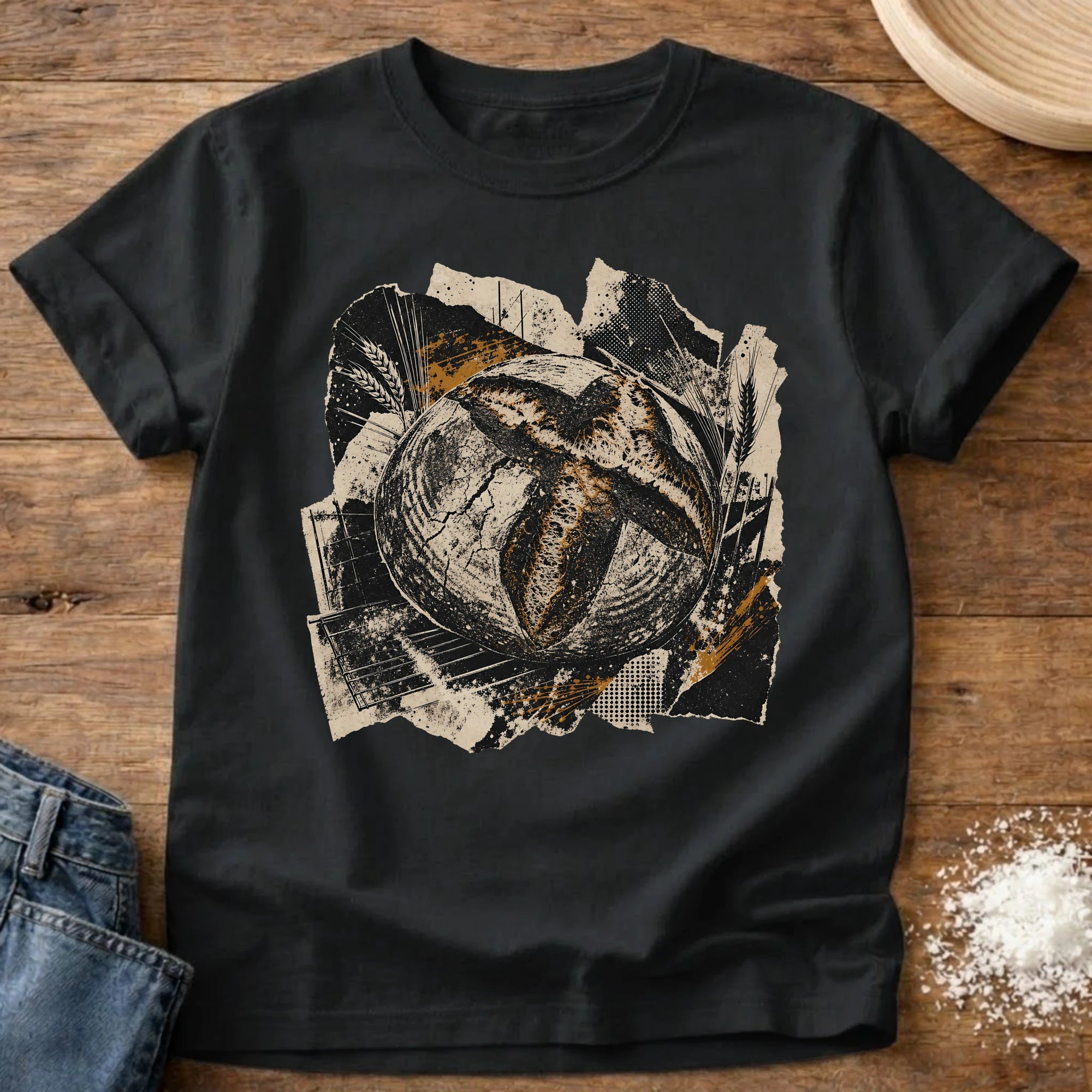 Knead More Fun Scrapbook Sourdough grunge collage t-shirt in Black