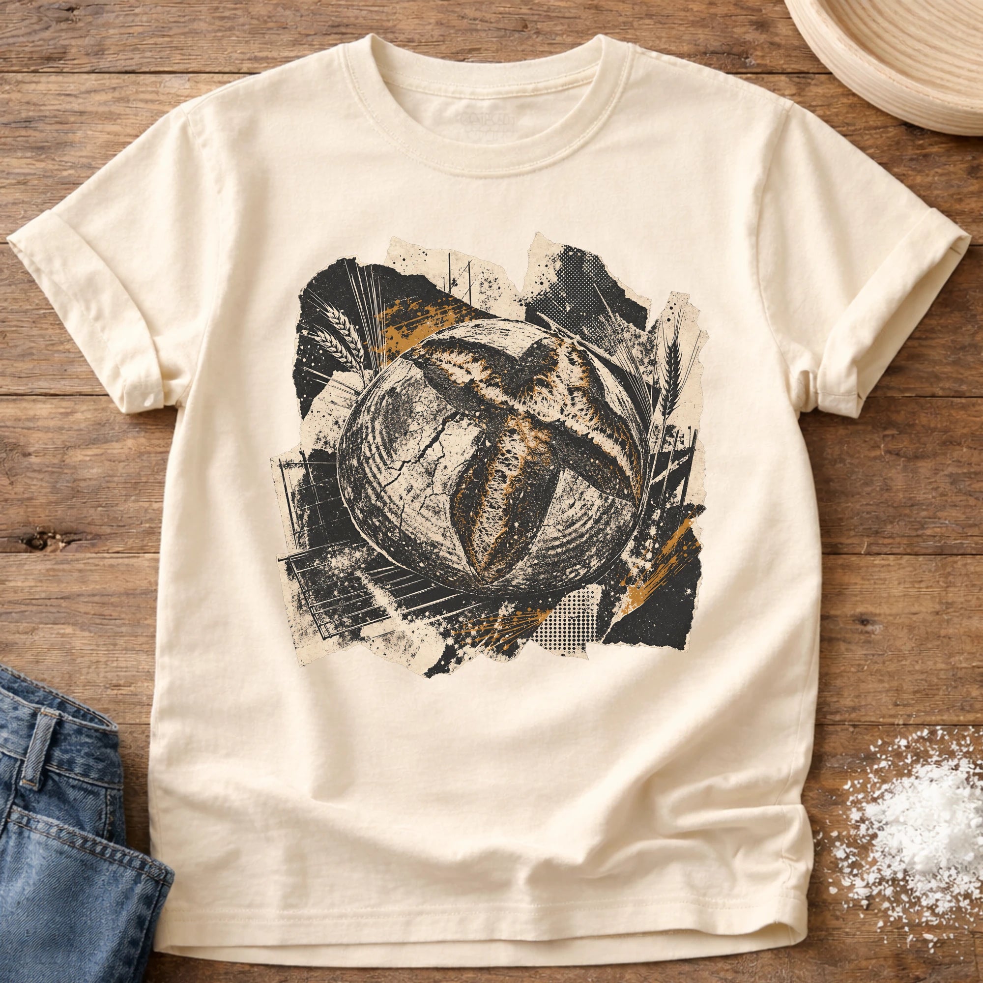 Knead More Fun Scrapbook Sourdough grunge collage t-shirt in Ivory