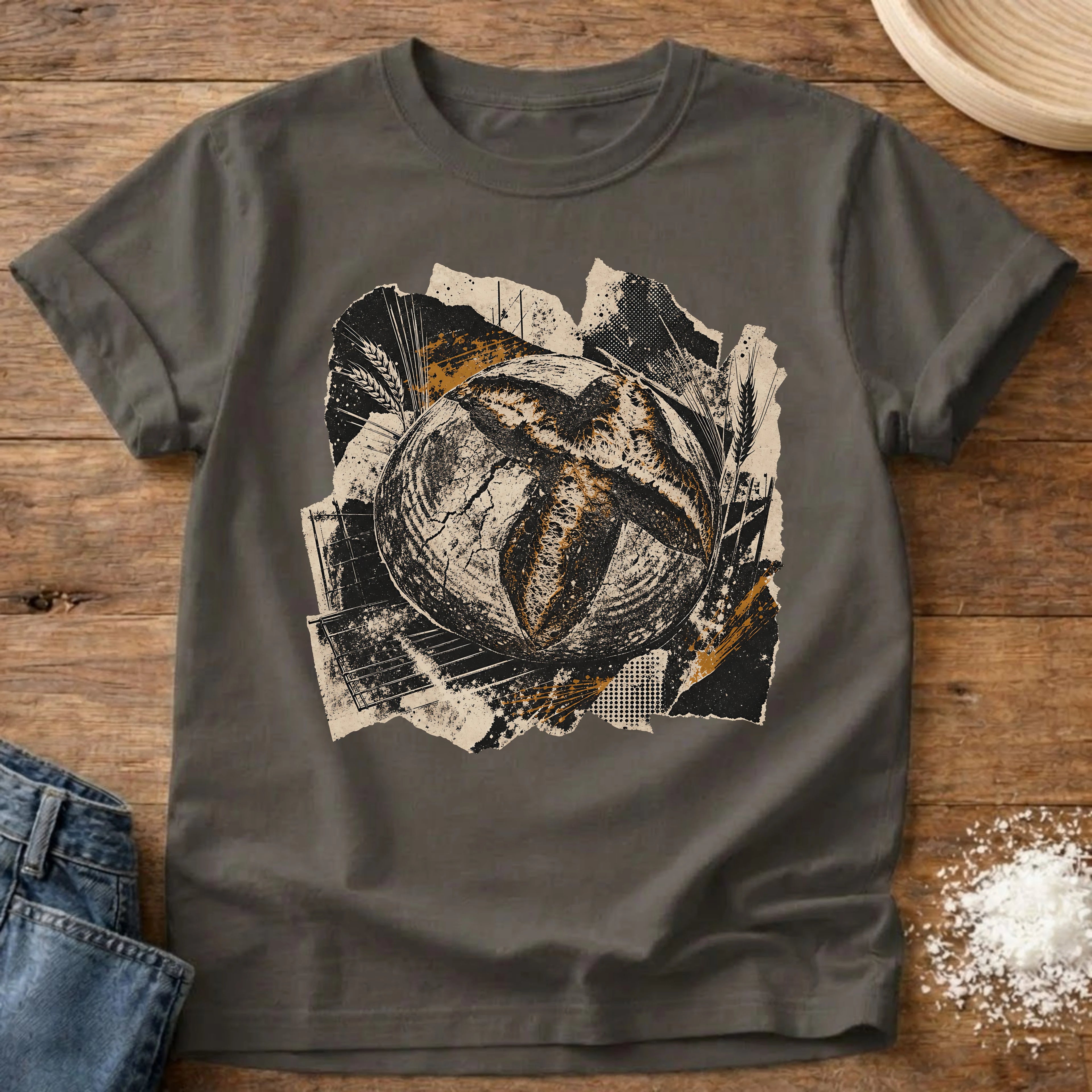 Knead More Fun Scrapbook Sourdough grunge collage t-shirt in Pepper