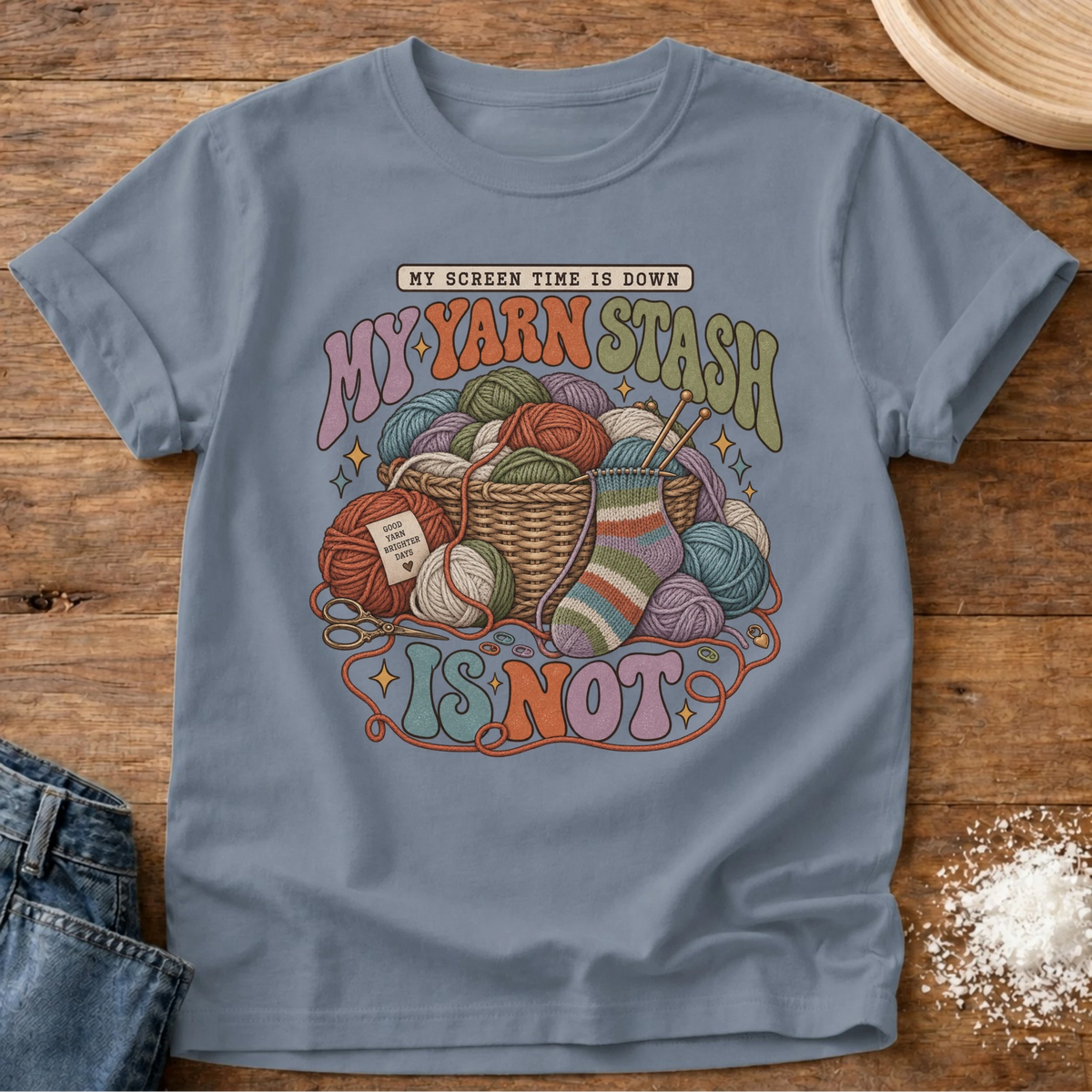 Knead More Fun Screen Time Down graphic t-shirt in Blue Jean
