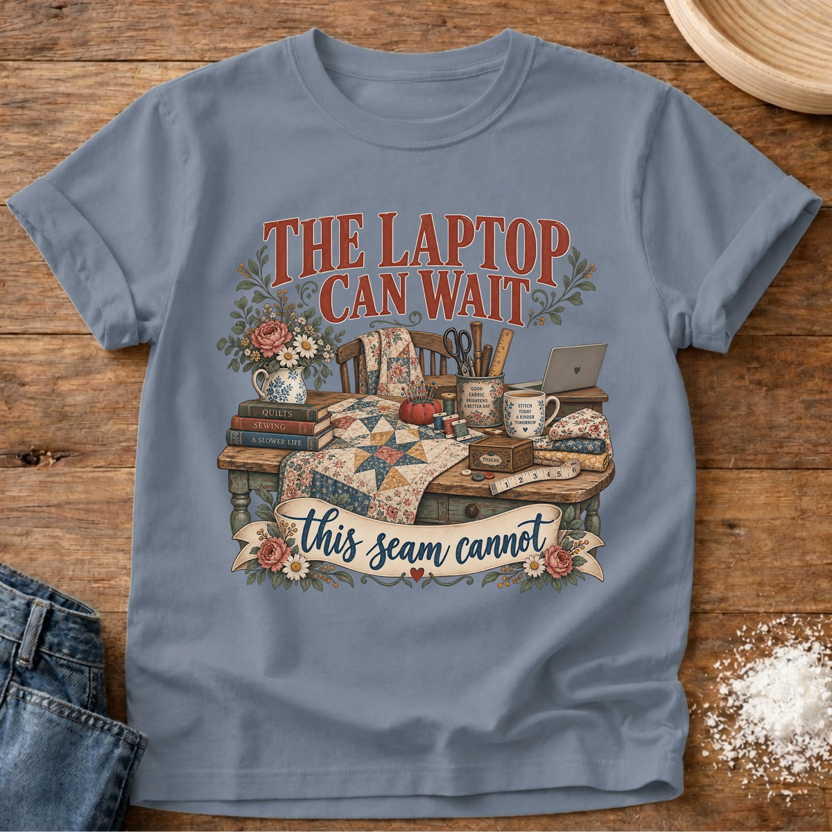 Knead More Fun Seam Cannot Wait sewing t-shirt in Blue Jean