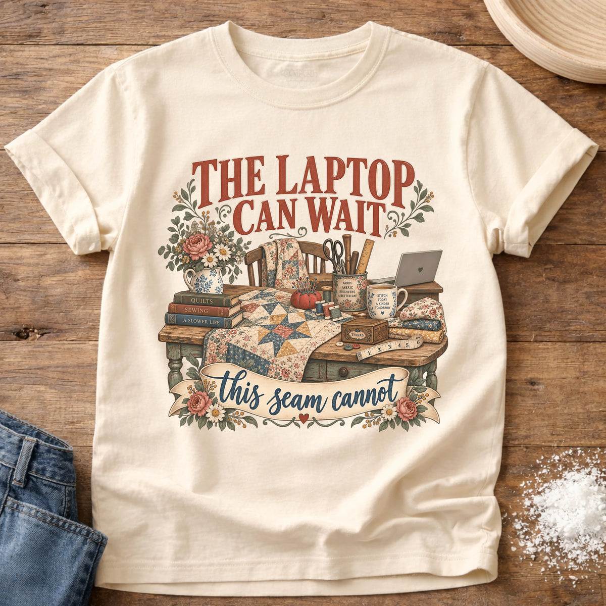 Knead More Fun Seam Cannot Wait sewing t-shirt in Ivory