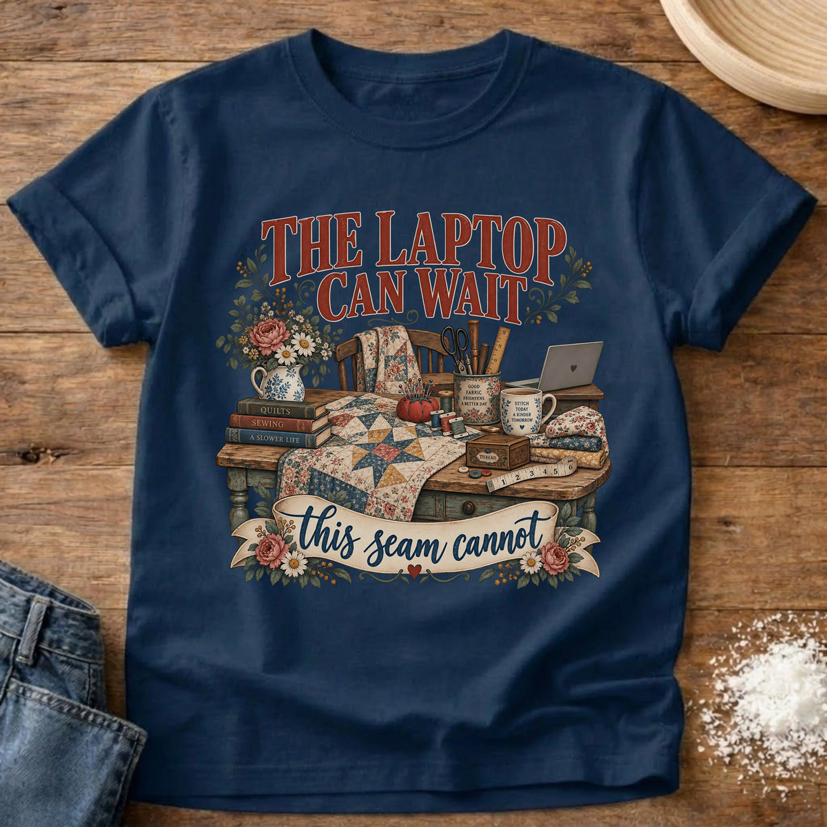 Knead More Fun Seam Cannot Wait sewing t-shirt in Navy