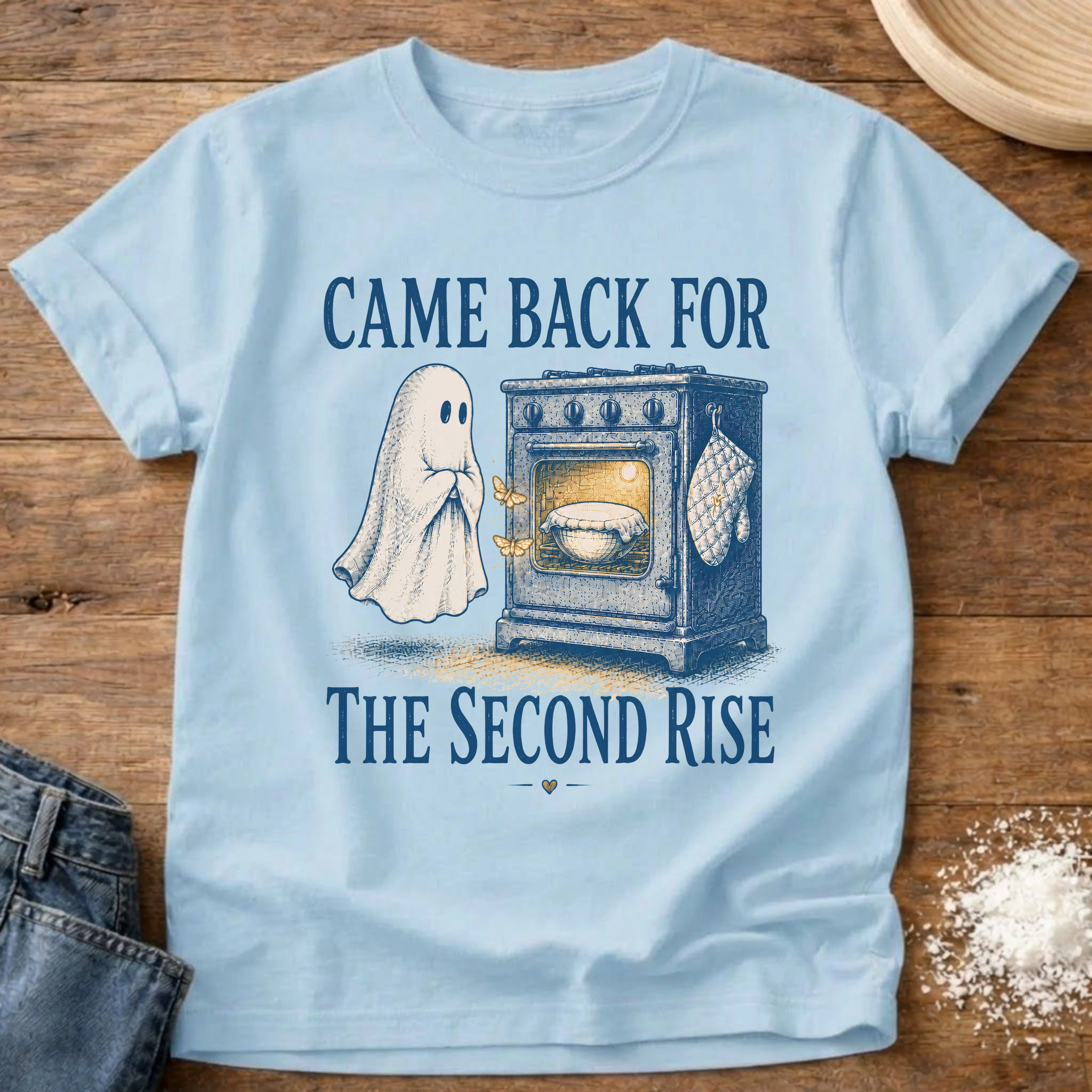 Knead More Fun Second Rise Ghost sourdough t-shirt in Chambray
