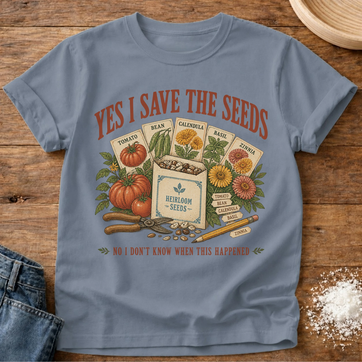 Knead More Fun Seed Saver seed saving t-shirt in Blue Jean