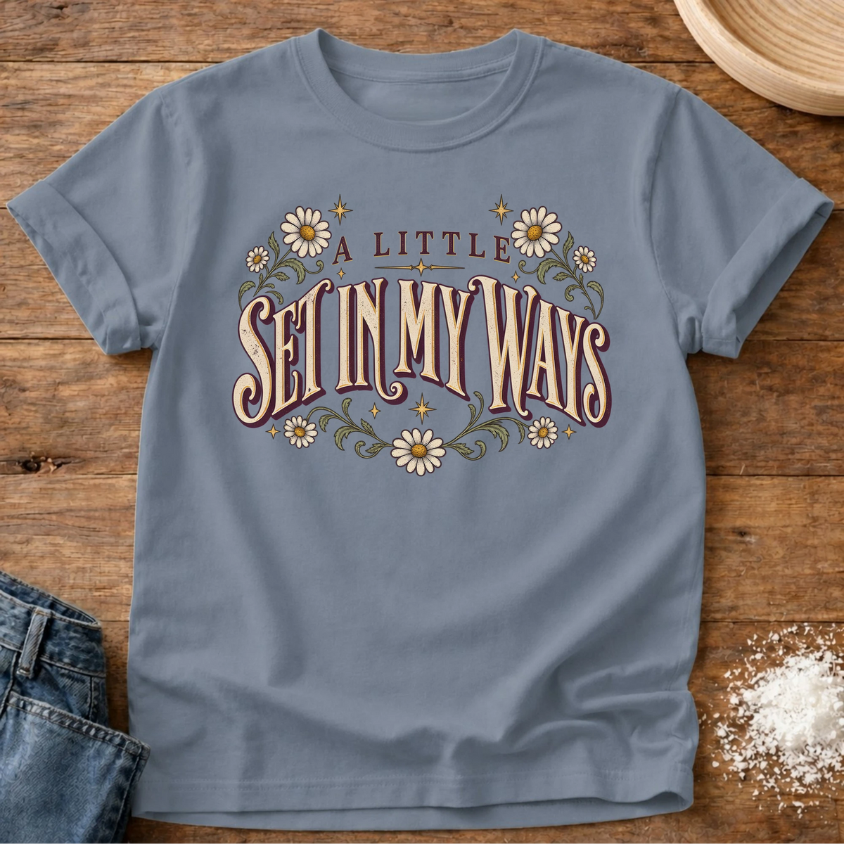 Knead More Fun Shiny Ways grannycore t-shirt in Blue Jean