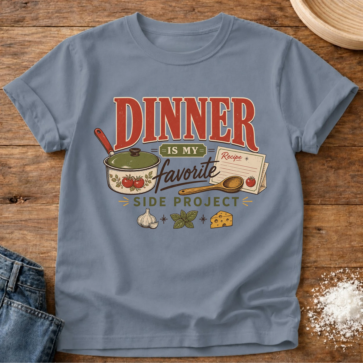 Knead More Fun Side Project Dinner homebody t-shirt in Blue Jean