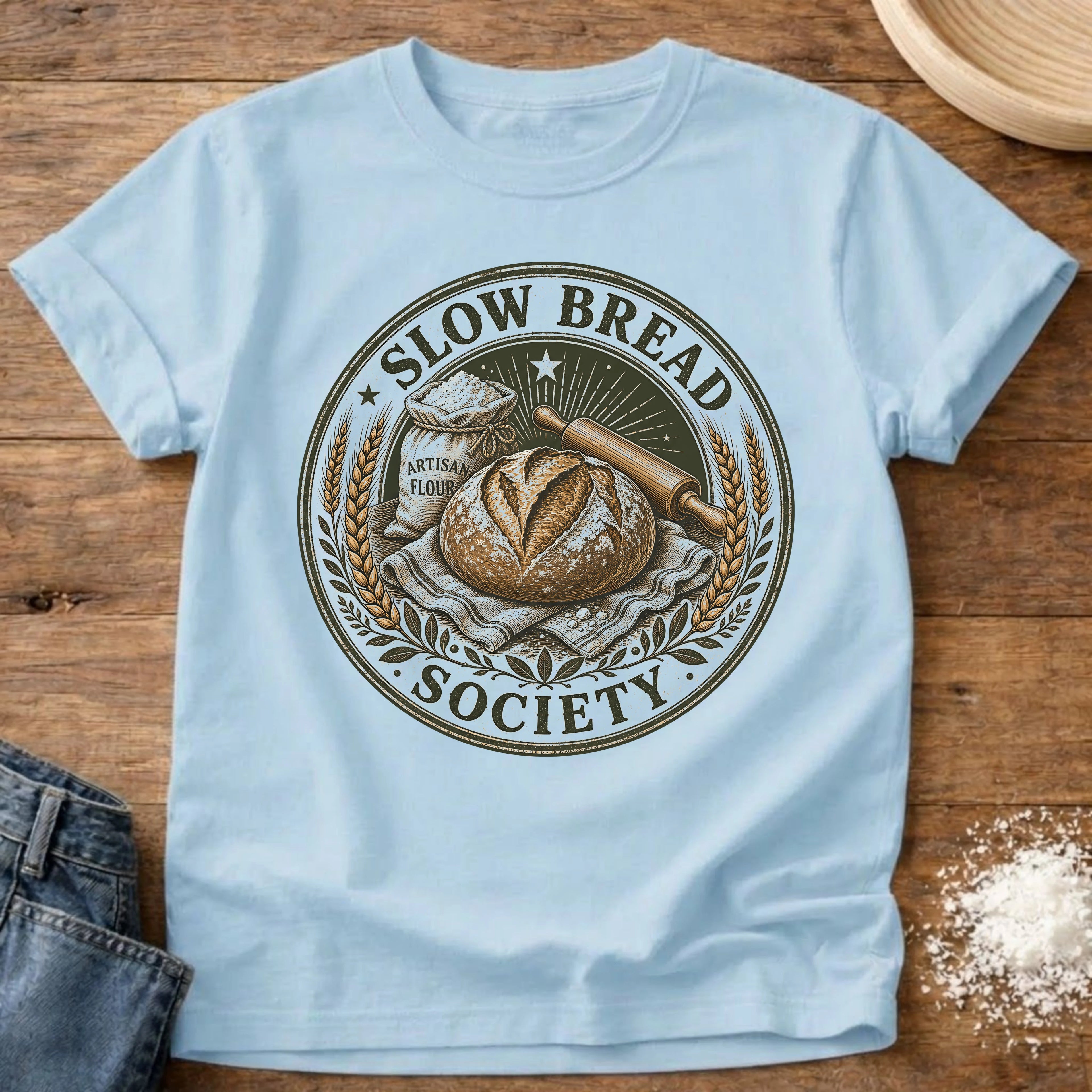 Knead More Fun Slow Bread Society sourdough t-shirt in Chambray