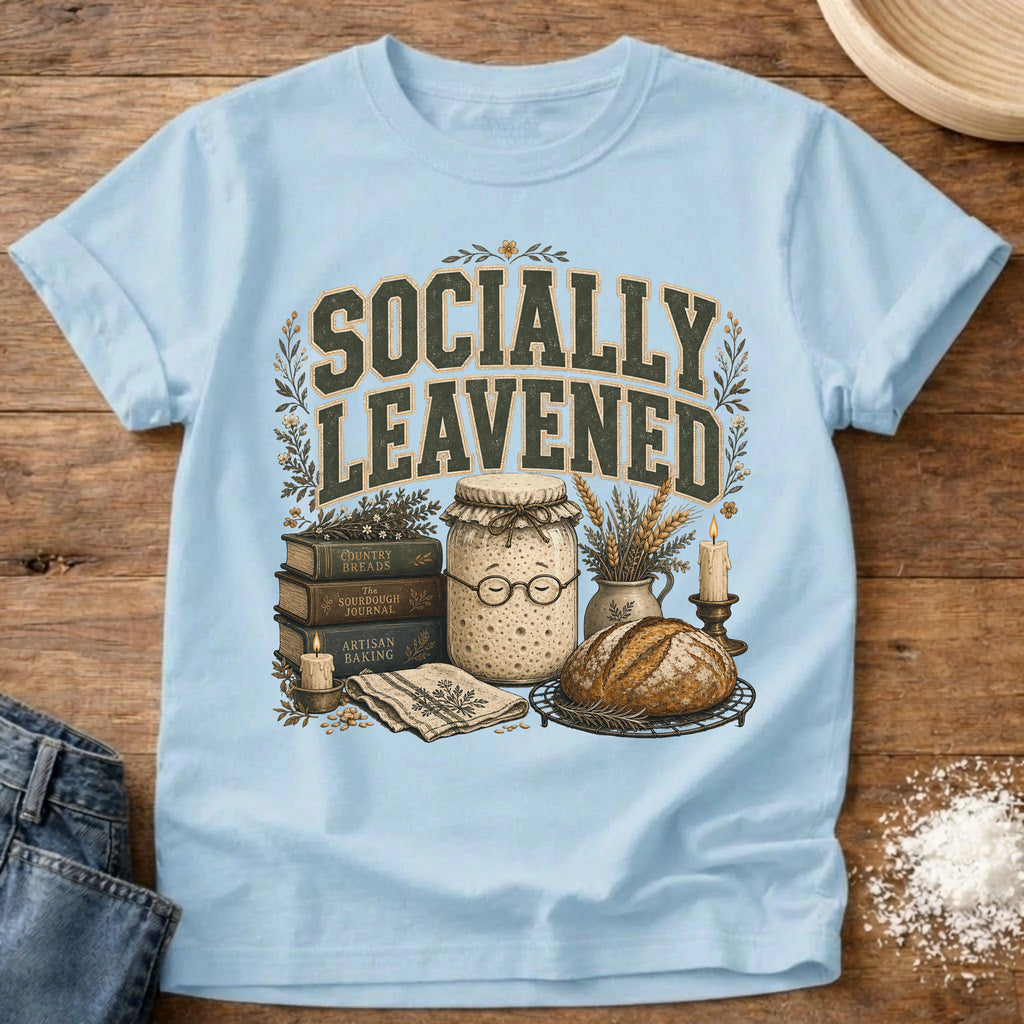 Knead More Fun Socially Leavened sourdough t-shirt in Chambray
