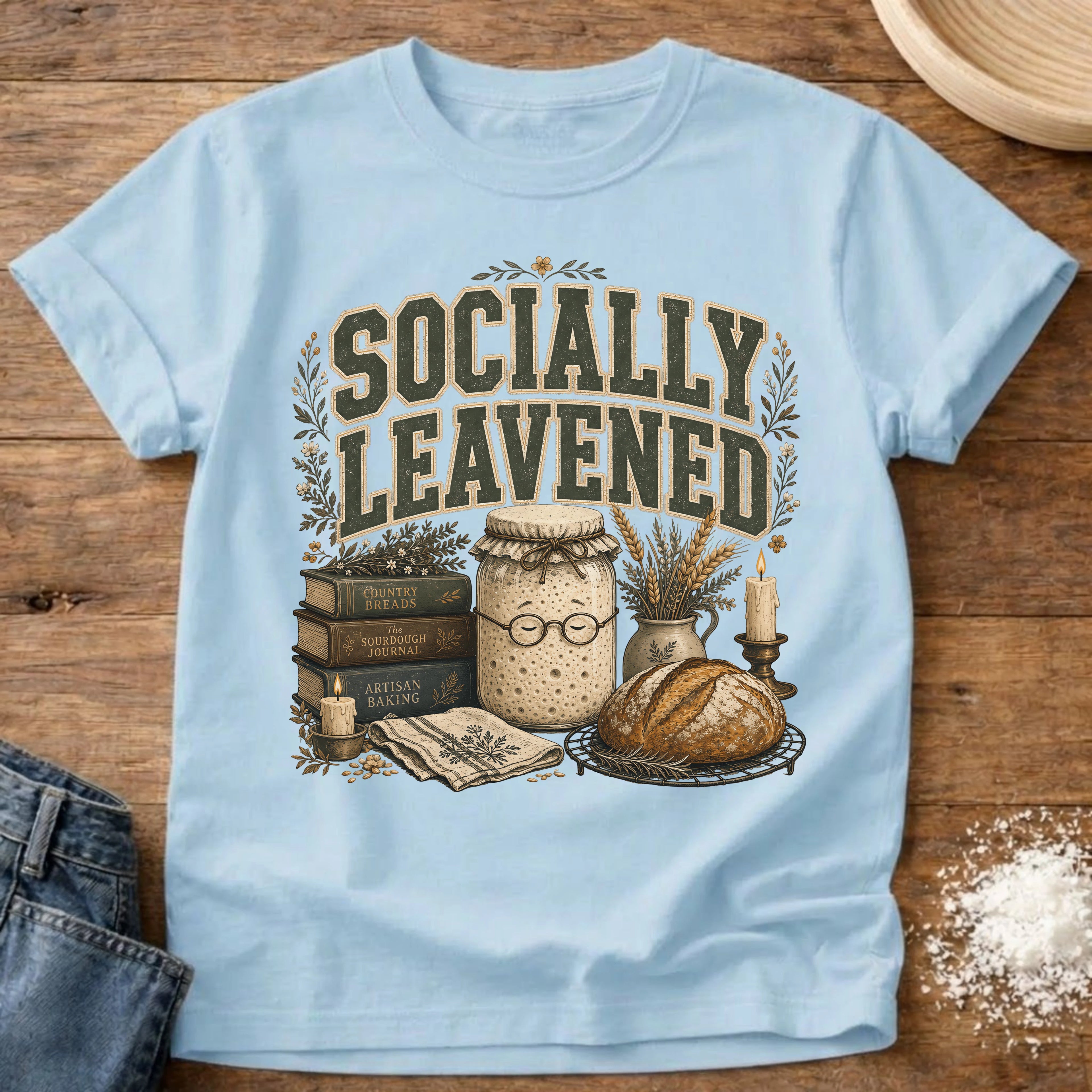 Knead More Fun Socially Leavened sourdough t-shirt in Chambray