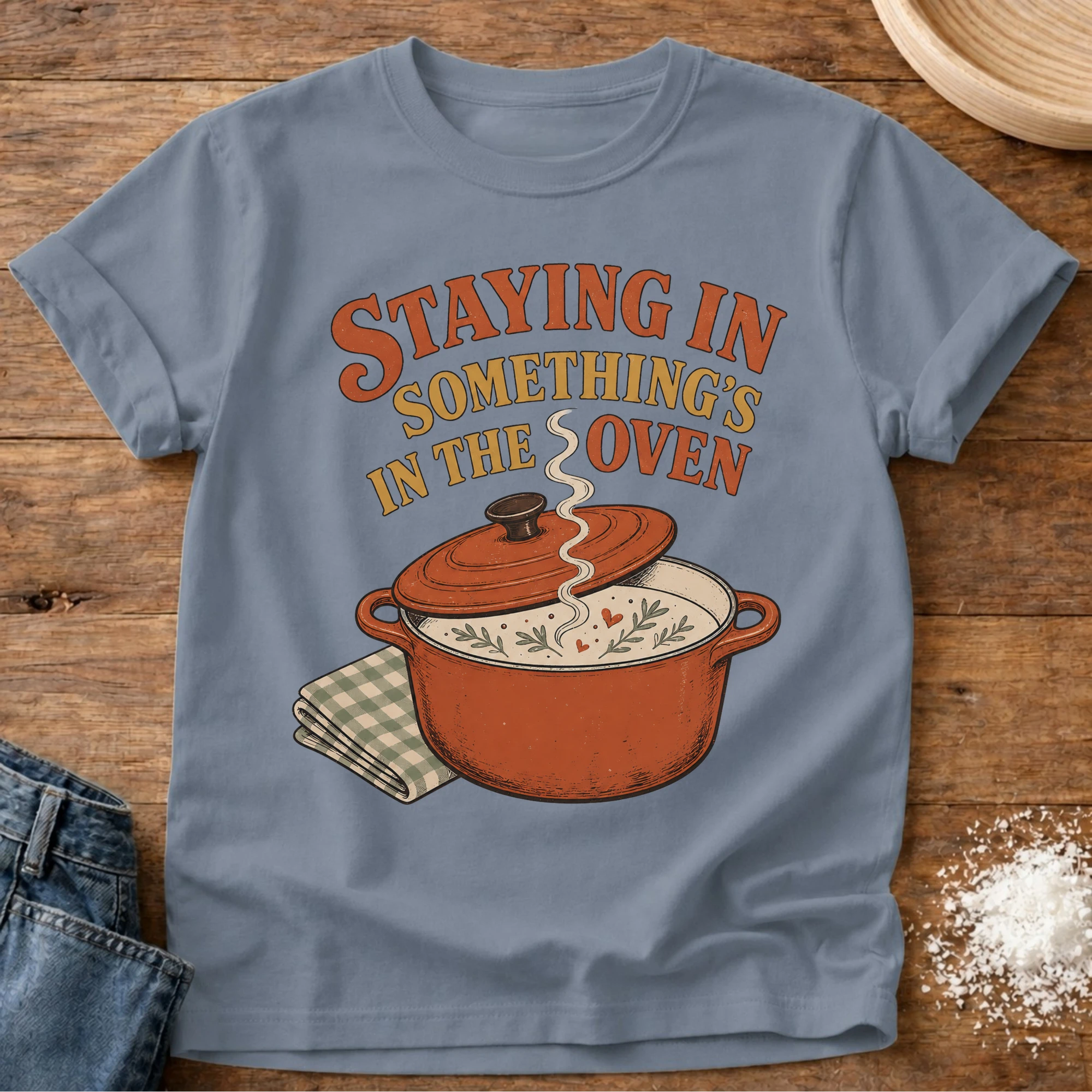 Knead More Fun Something's In The Oven kitchen t-shirt in Blue Jean